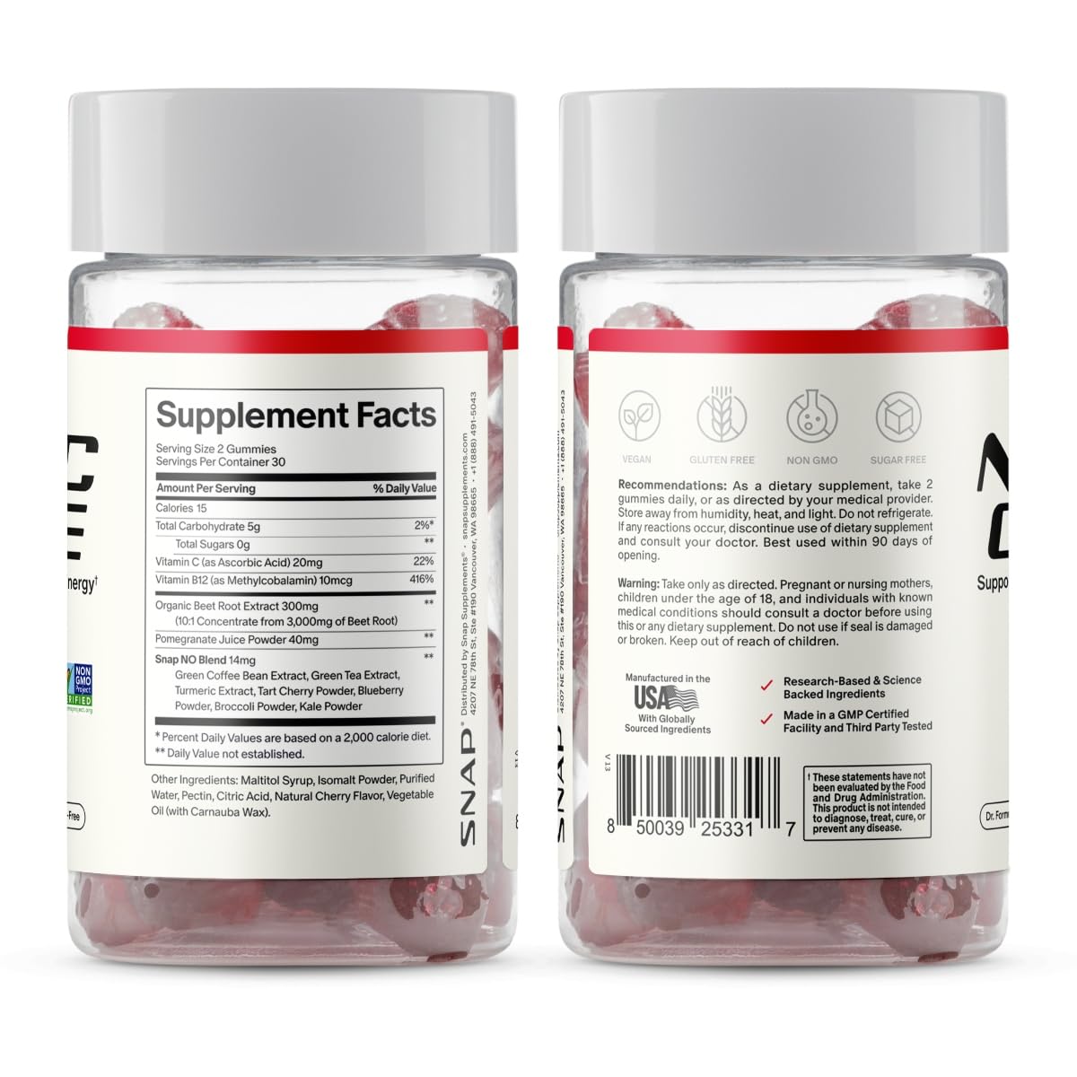 Snap Supplements sellos de certificación GMP y vegan, confianza en calidad
