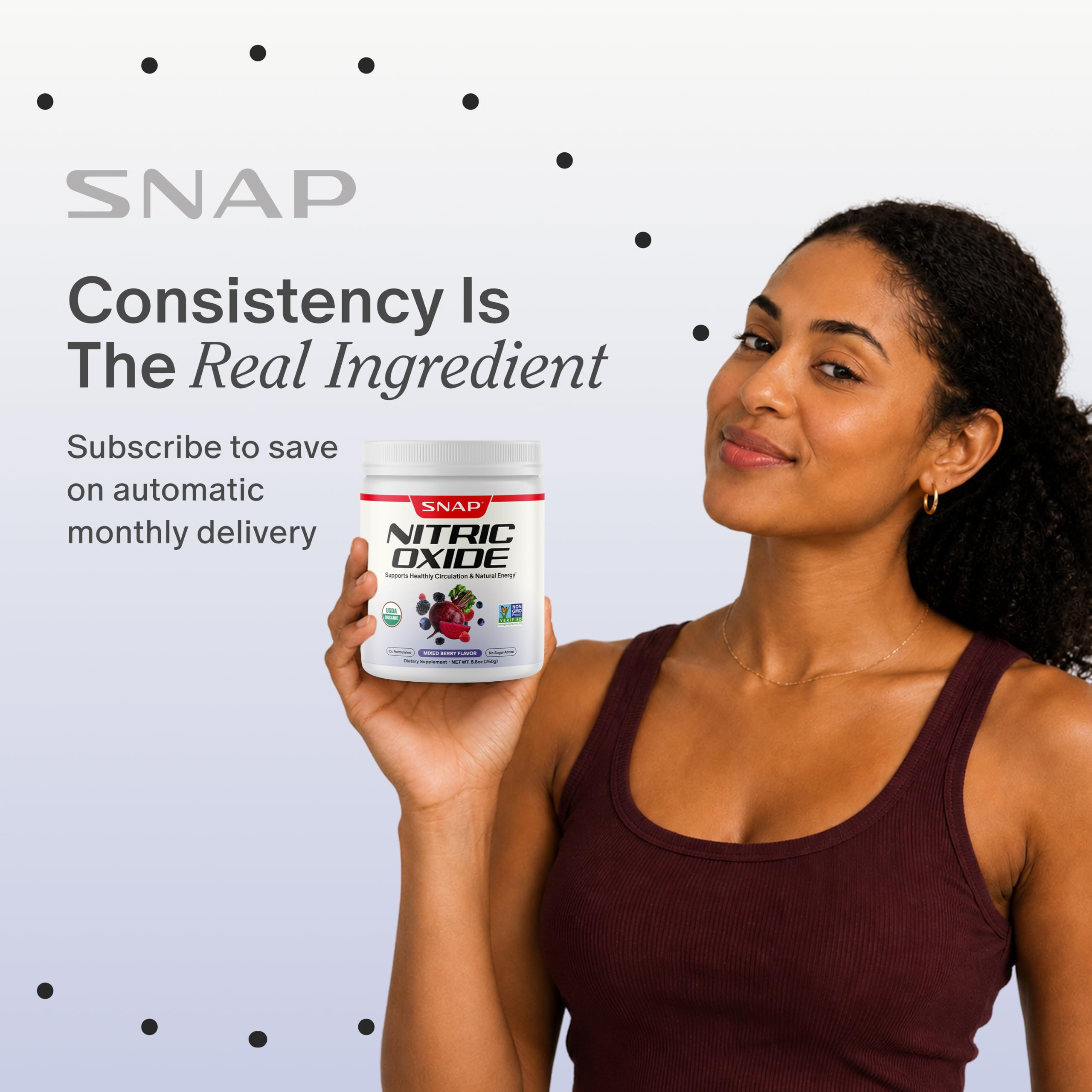 Snap Supplements envase junto a objetos para comparar tamaño real