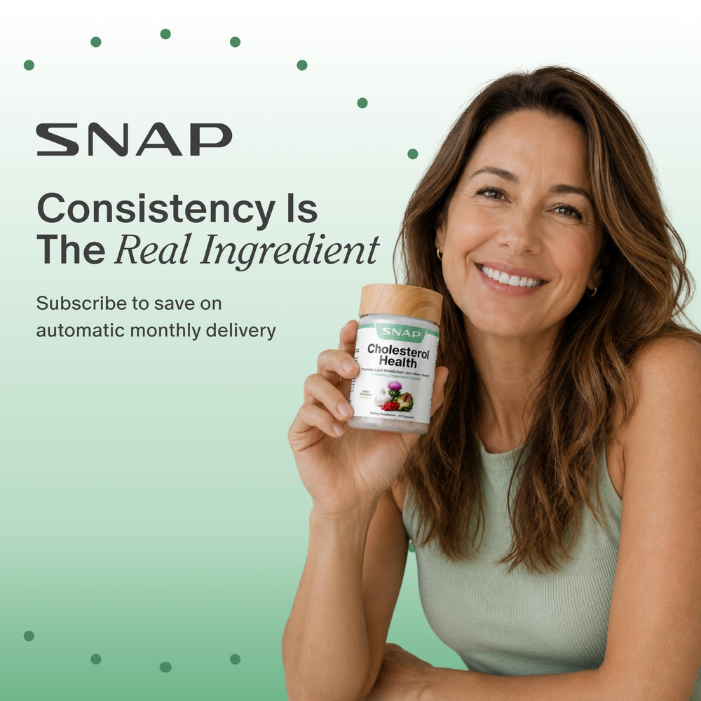 Snap Supplements near a breakfast plate suggesting once-a-day morning routine convenience