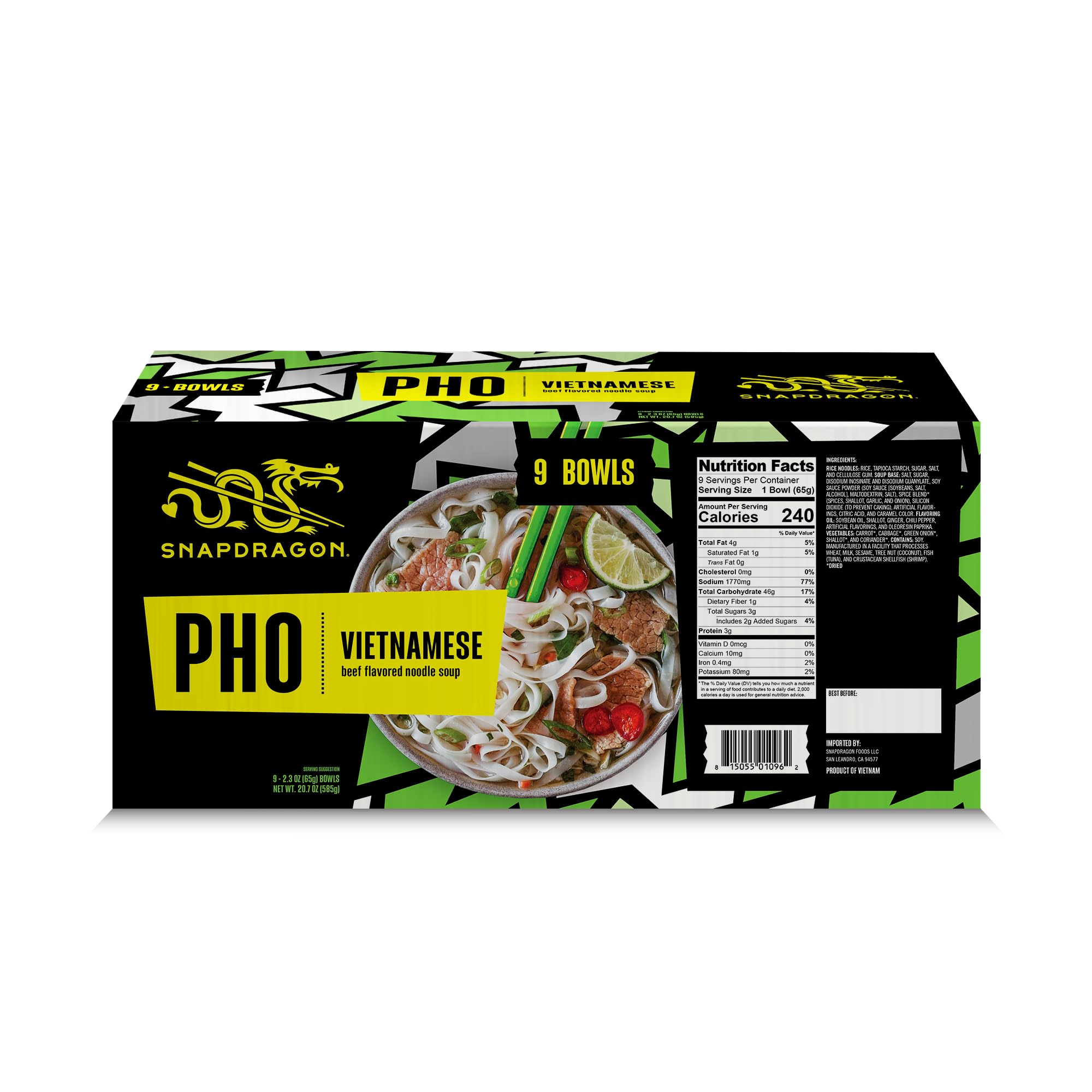 Snapdragon open bowl top view with noodles and packets visible