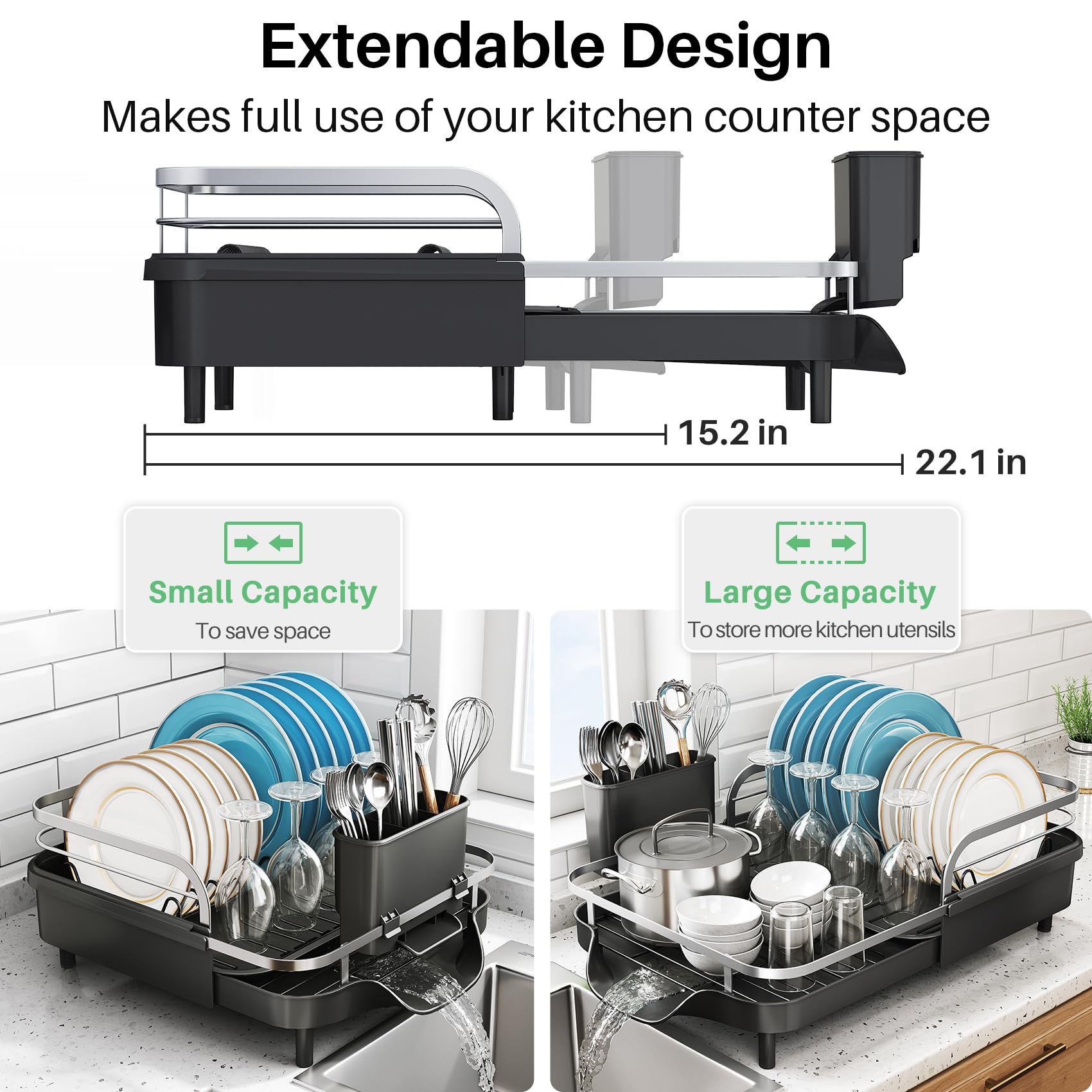 SNTD rack retracted on a small counter demonstrating compact storage and space-saving benefit