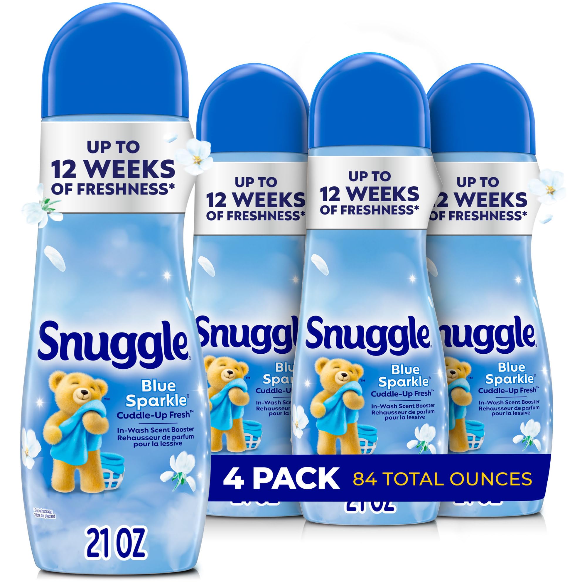 Snuggle frontal del empaque Blue Sparkle mostrando diseño y tamaño conveniente