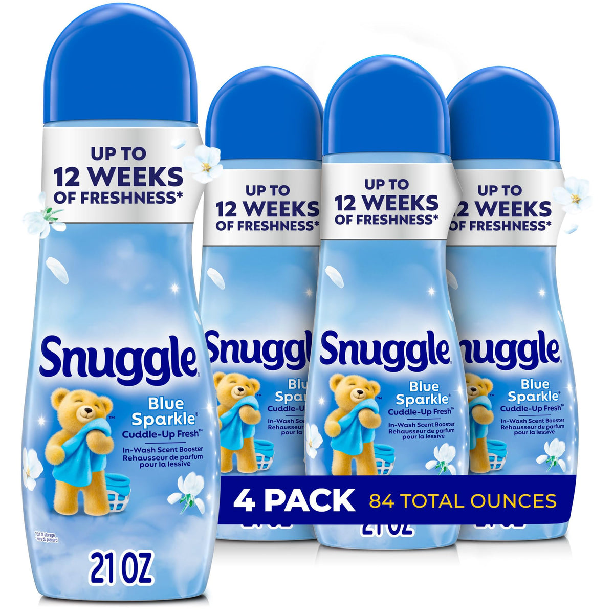 Snuggle frontal del empaque Blue Sparkle mostrando diseño y tamaño conveniente