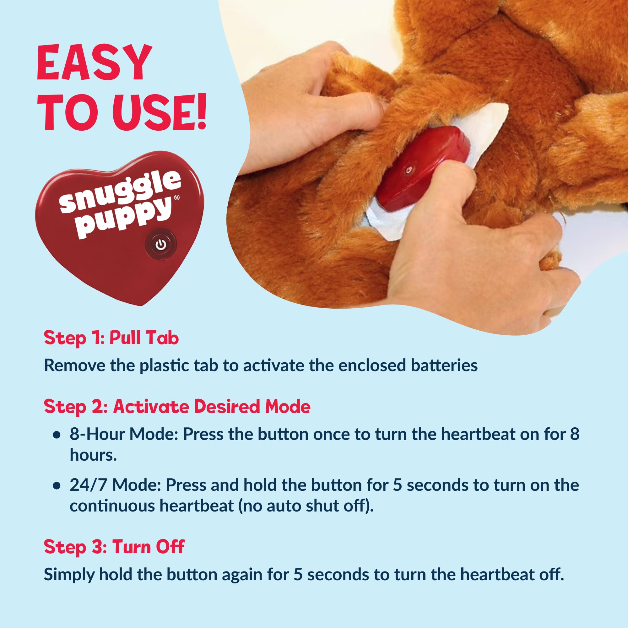 Snuggle Puppie junto a una mano para mostrar tamaño y transporte fácil