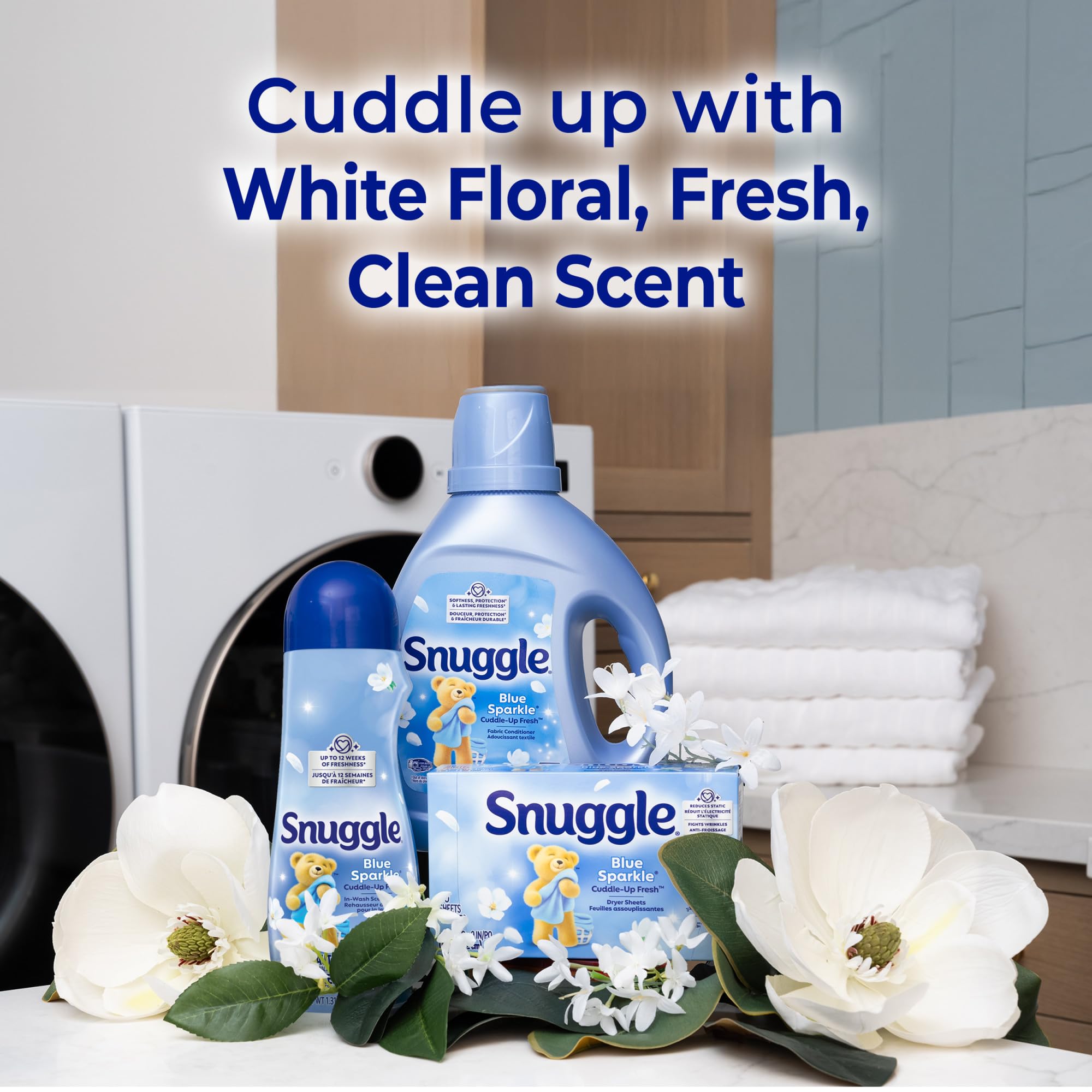ropa recién lavada con Snuggle en cesta demostrando fragancia duradera