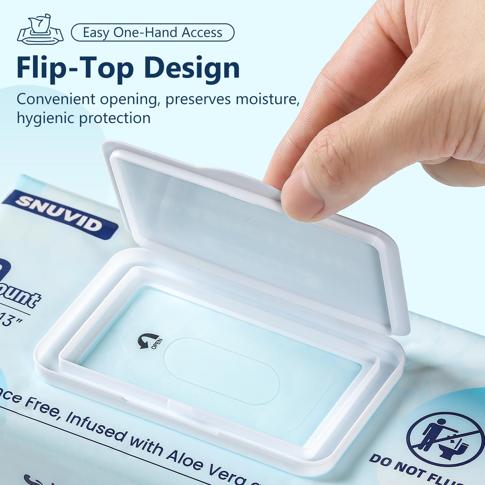 Snuvid tapa flip-top abierta, beneficio: mantiene la humedad fresca