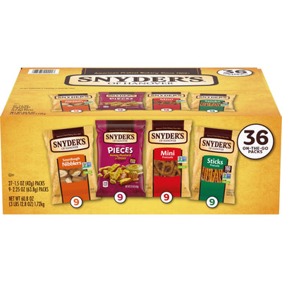 Snyder's of Hanover frente del empaque mostrando variedad y cantidad