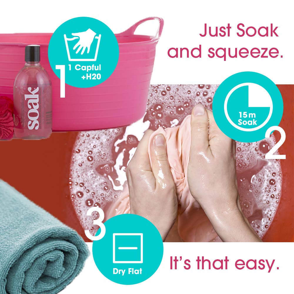 Primer plano de la etiqueta Soak con ingredientes y uso, beneficio: instrucciones claras