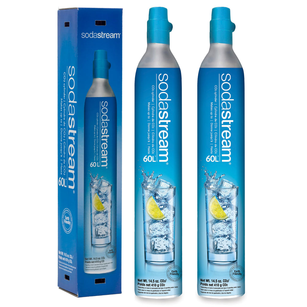 sodastream two blue cylinders front packaging showing included return label and savings