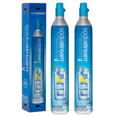 sodastream two blue cylinders front packaging showing included return label and savings