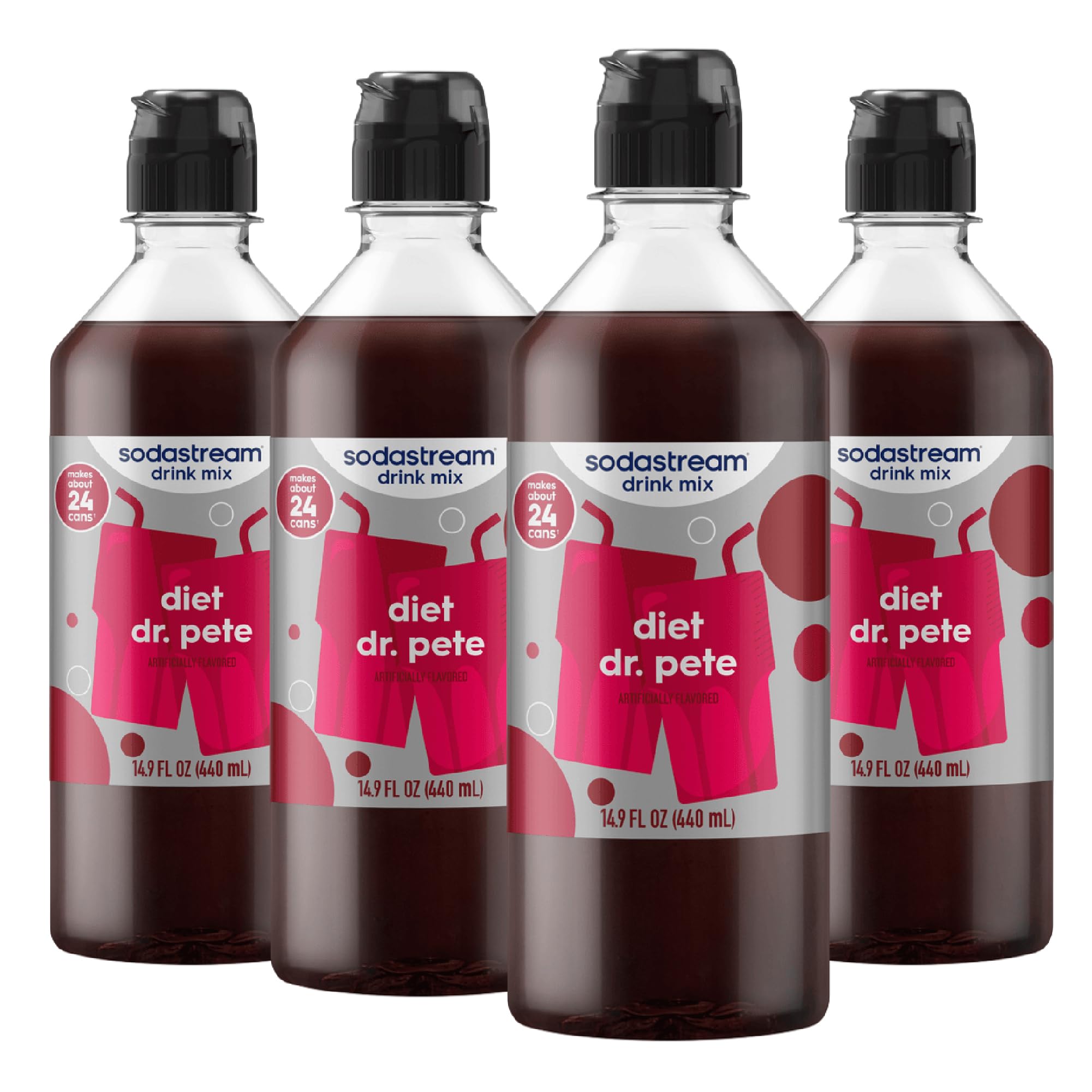 SodaStream vista frontal del empaque mostrando cuatro botellas y beneficios