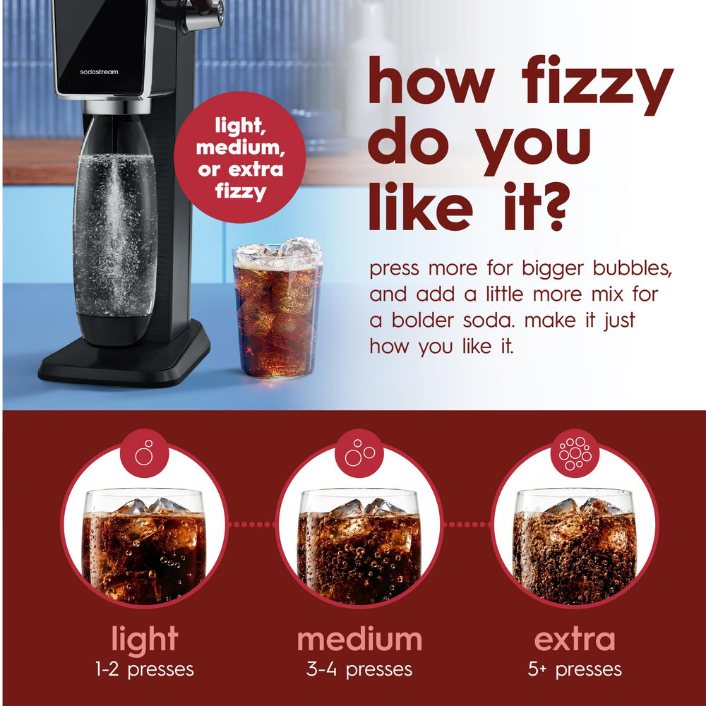 SodaStream vaso servido con hielo que muestra bebida gasificada lista