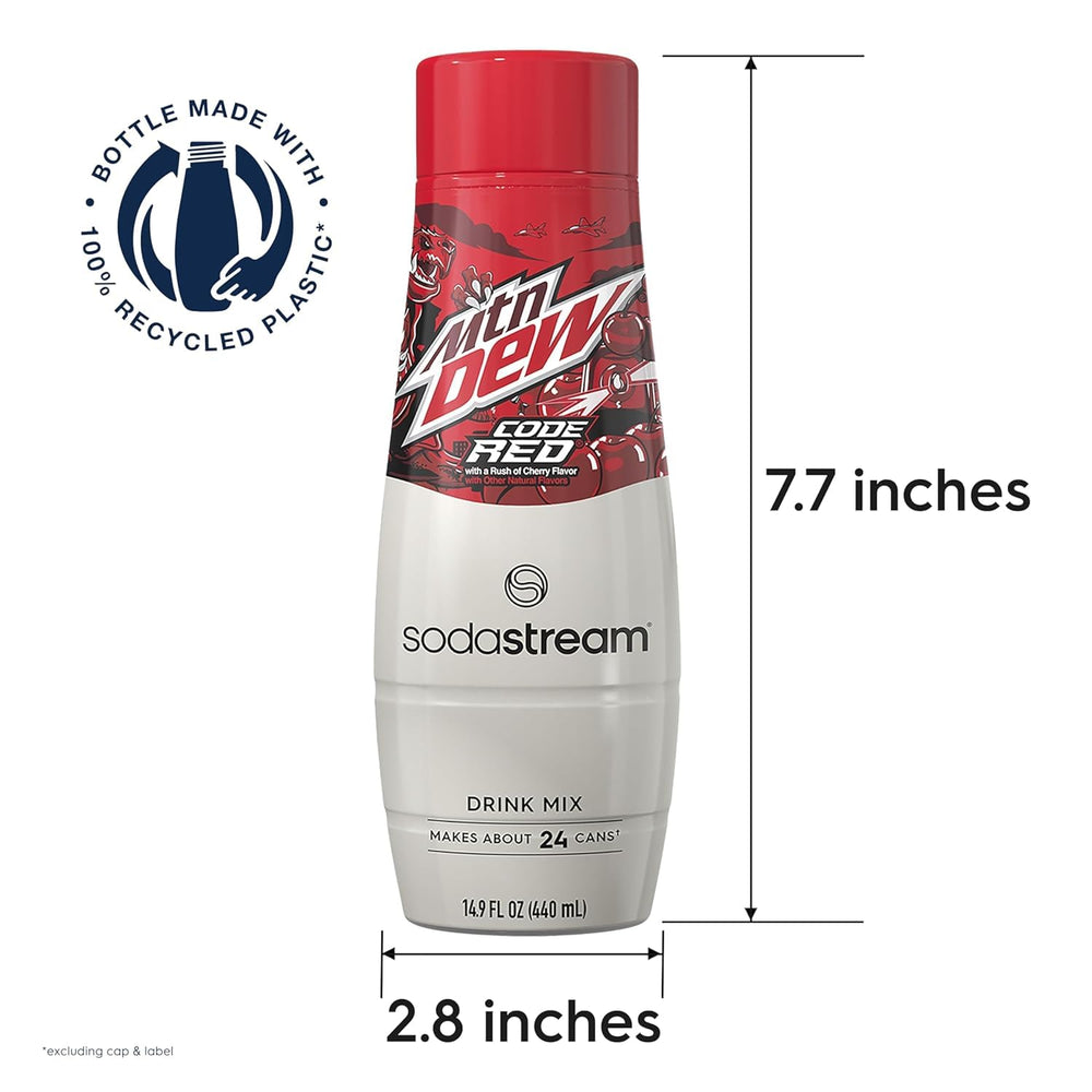 SodaStream Mtn Dew Code Red etiqueta con dosis y advertencias de cafeína