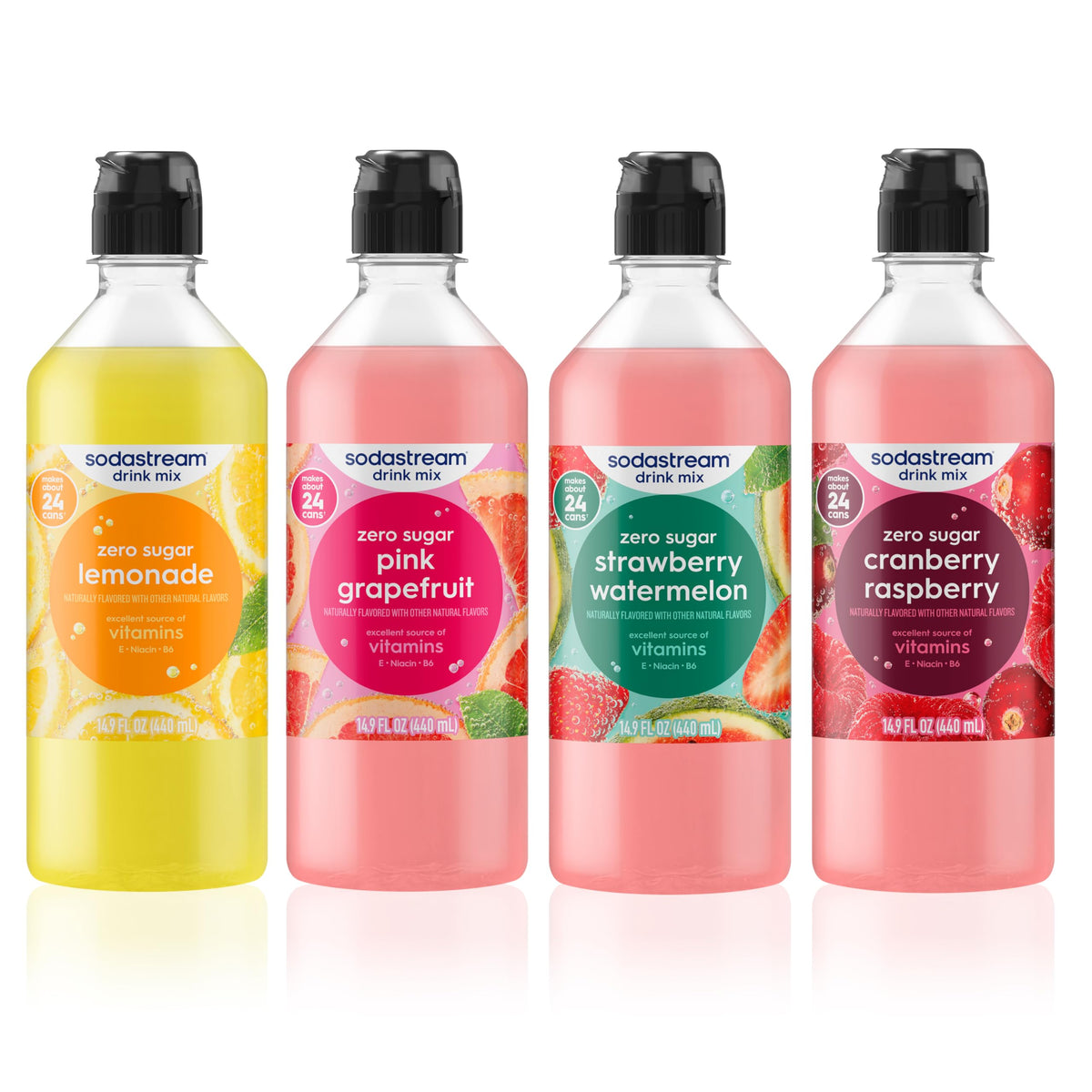 SodaStream pack frontal mostrando las cuatro botellas y variedad de sabores