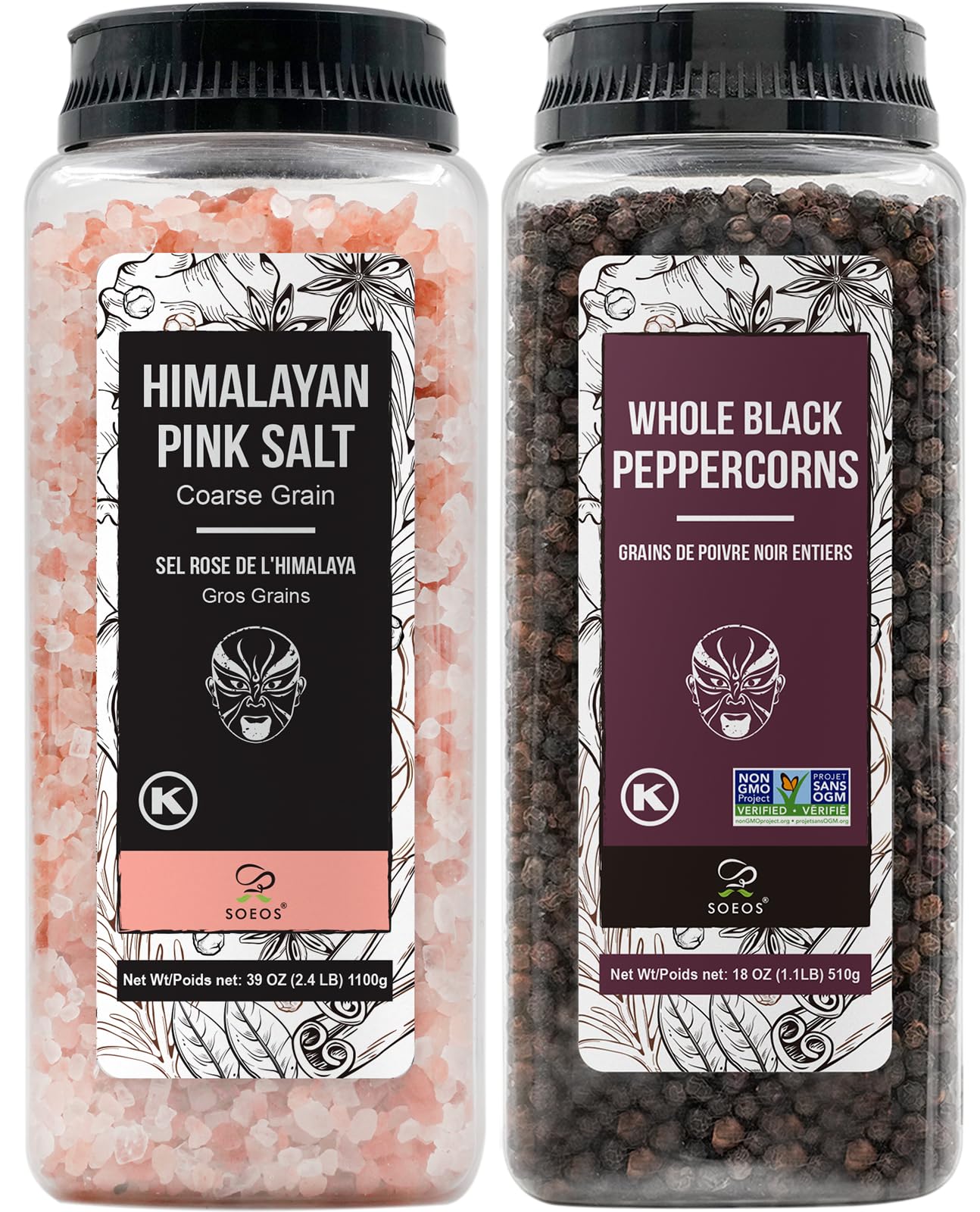 Soeos front packaging showing both pink salt and peppercorns for pantry convenience