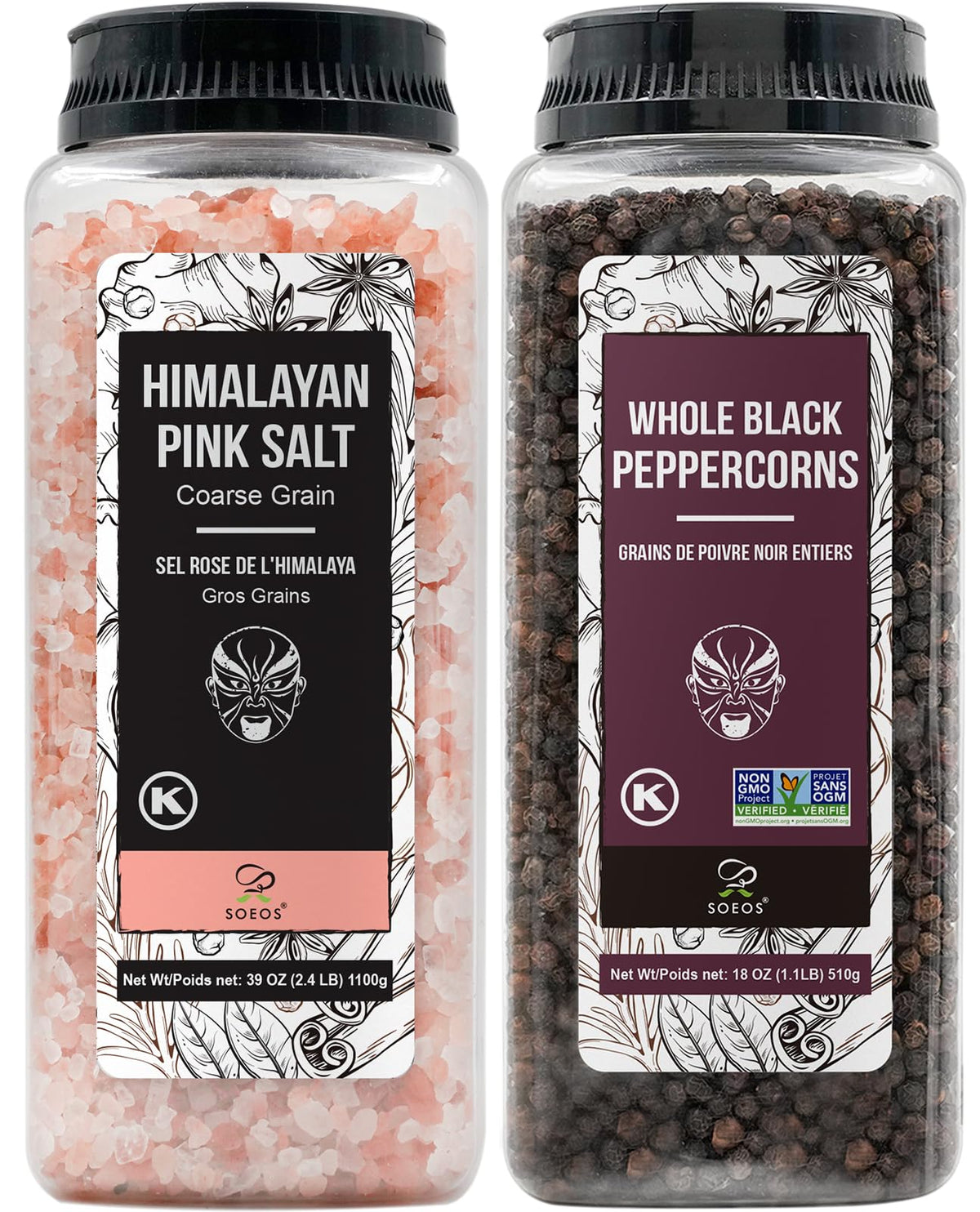 Soeos front packaging showing both pink salt and peppercorns for pantry convenience