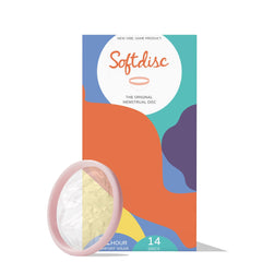Softcup Softdisc empaque delantero mostrando 14 unidades y comodidad