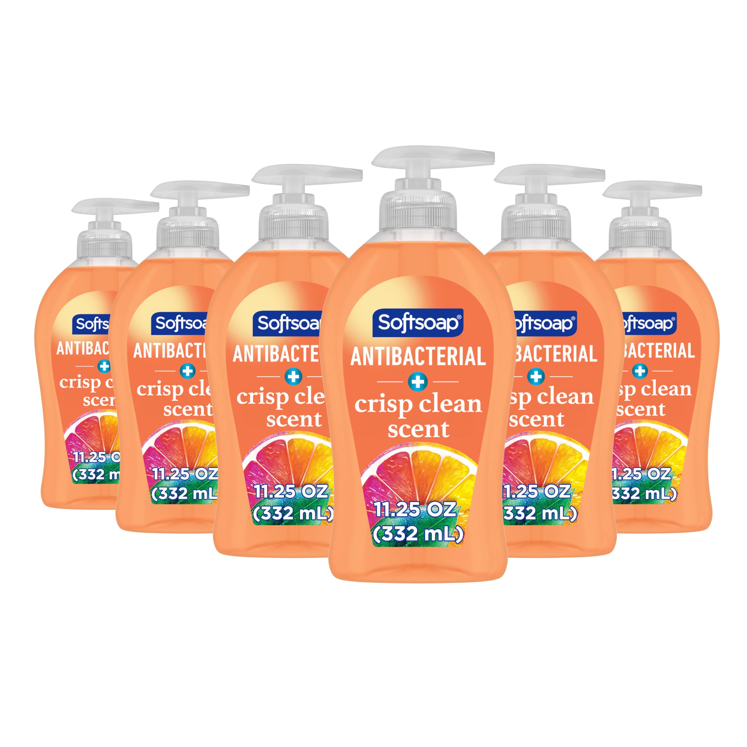 Softsoap frente del envase mostrando botella y fragancia Crisp Clean, ofrece limpieza eficaz