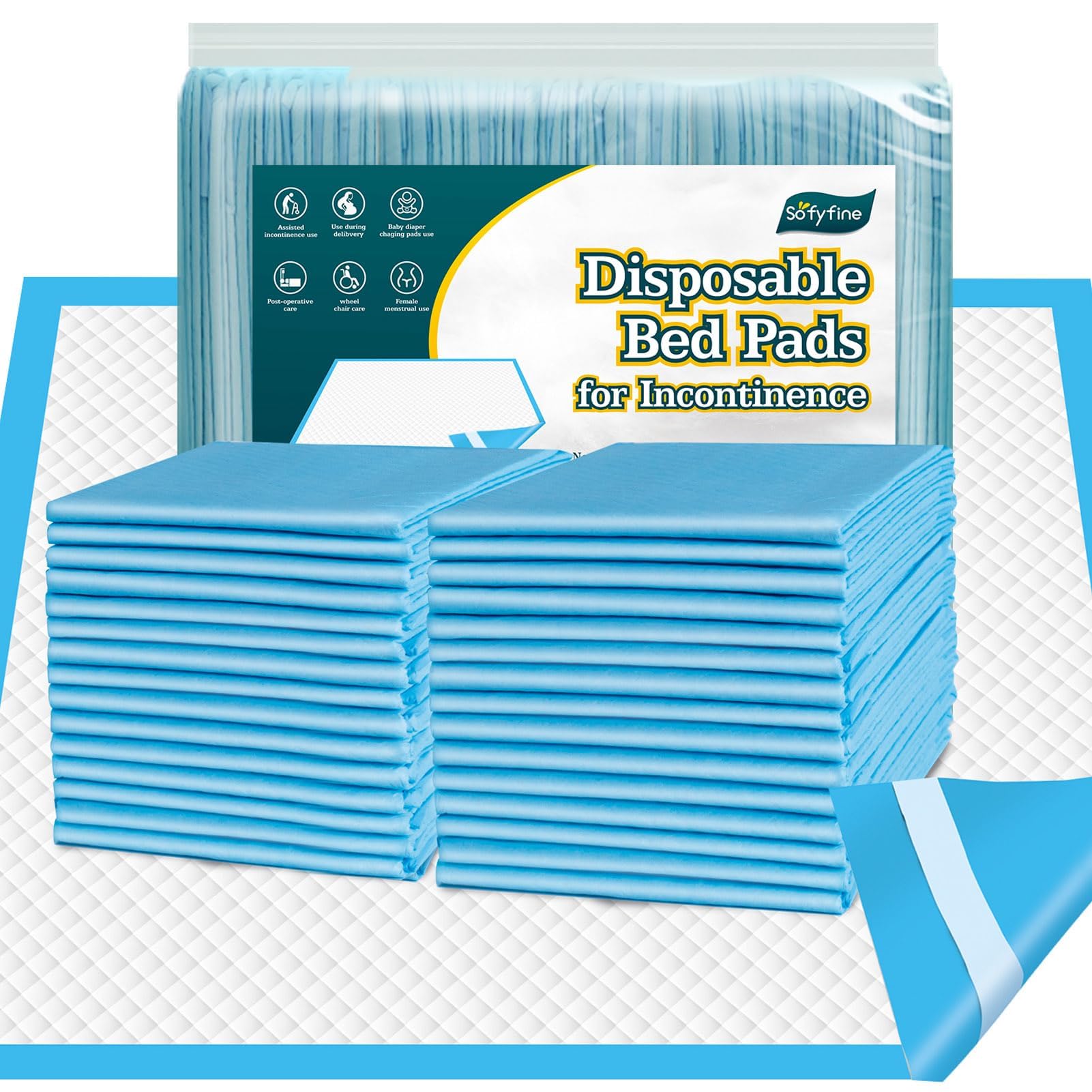 SOFYFINE front packaging showing 50-count 30x36 pads and features