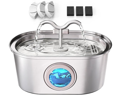 SohoTeco fountain front view showing sleek stainless steel for hygienic drinking