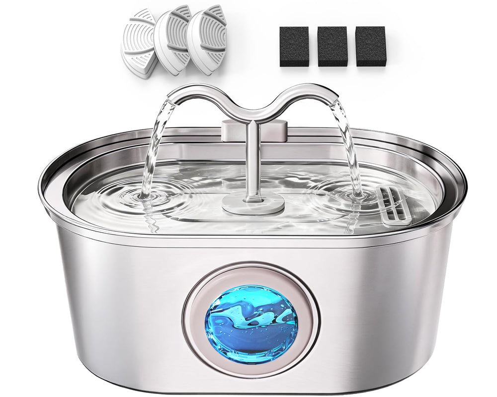 SohoTeco fountain front view showing sleek stainless steel for hygienic drinking