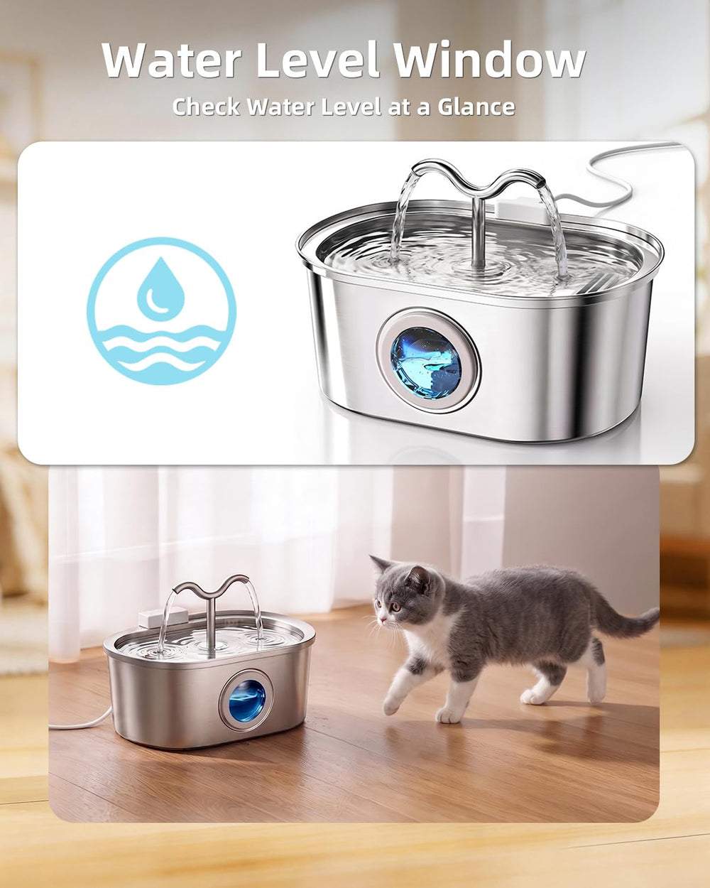 SohoTeco fountain on table showing 3.2L scale for fewer refills