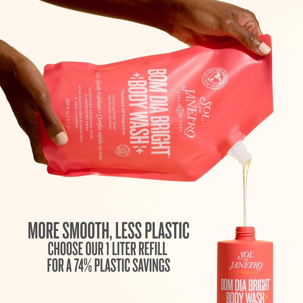 Cierre y etiqueta del envase Bom Dia Bright Body Wash de Sol de Janeiro con fragancia Cheirosa 40