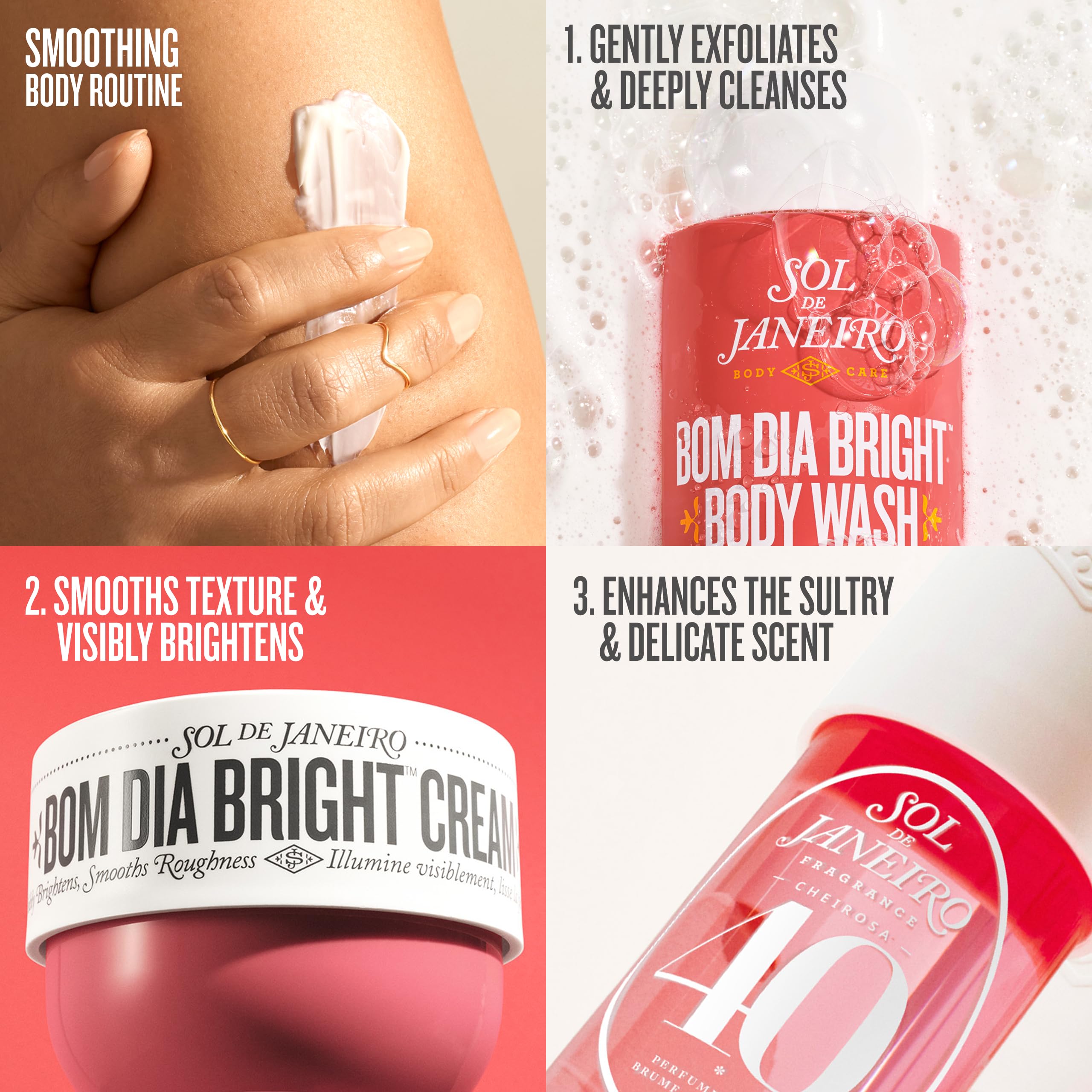 Uso del Bom Dia Bright Body Wash de Sol de Janeiro en ducha para piel luminosa