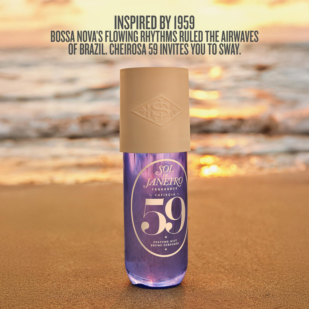 Vanilla orchid and sugared violet flatlay with Sol de Janeiro bottle showing scent ingredients benefit