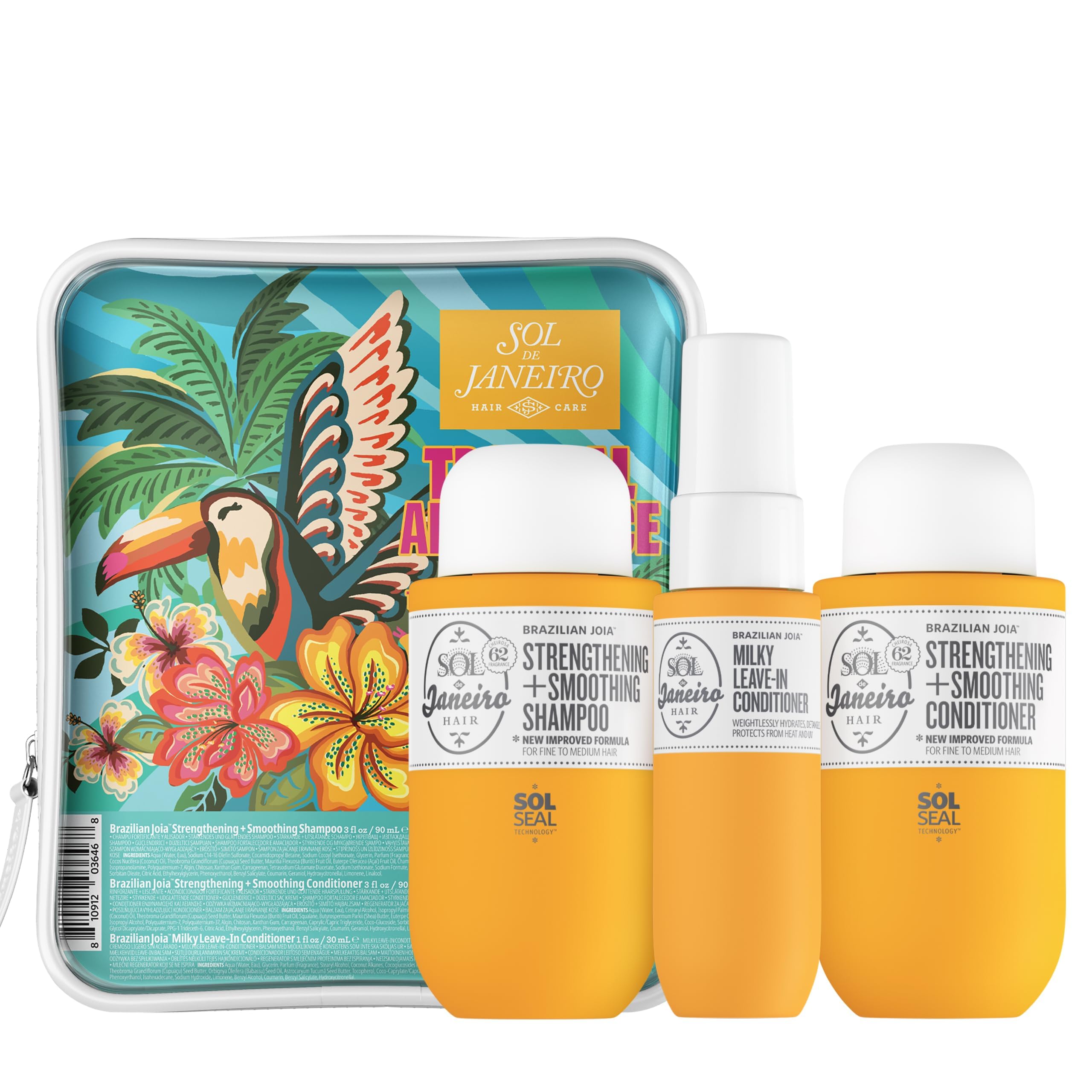 Sol de Janeiro primer plano del acondicionador resaltando fortalecimiento y control de frizz