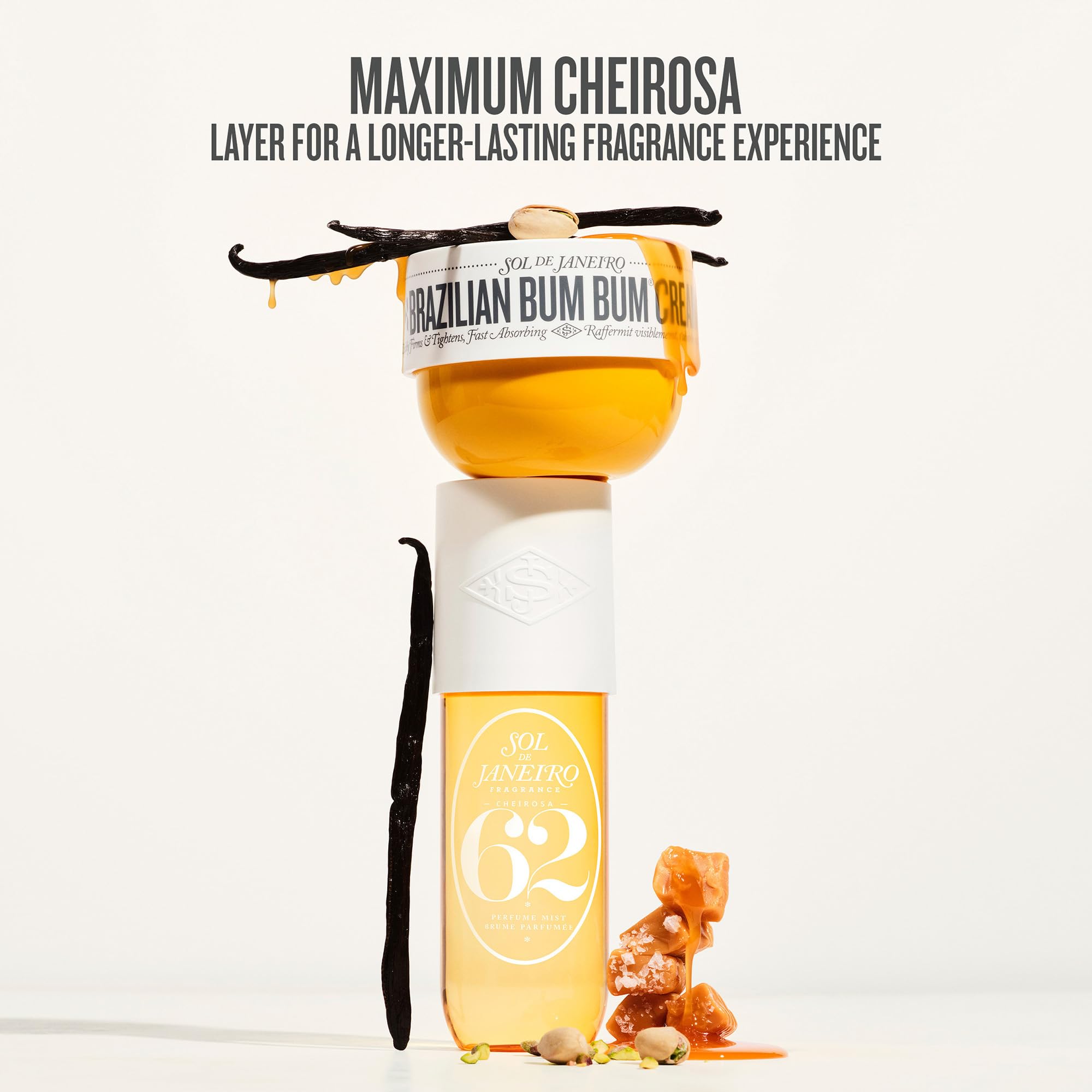 Sol de Janeiro etiqueta Cheirosa 62 resaltando fragancia gourmand