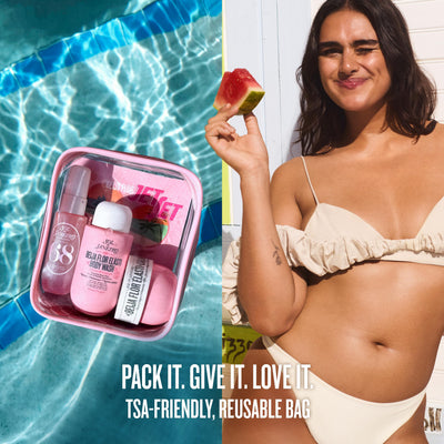 Sol de Janeiro kit on beach towel suggests travel-ready, vacation scent