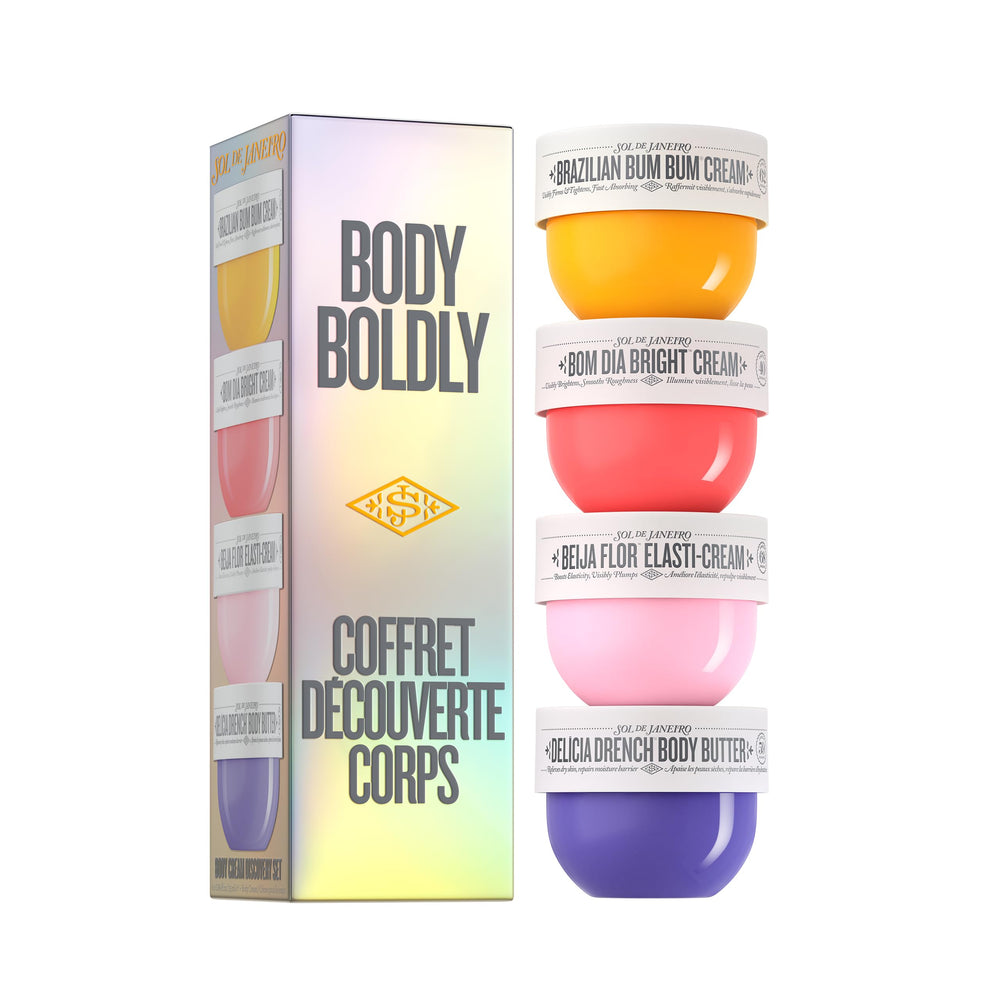 Sol de Janeiro set frontal mostrando las cuatro minis y sus aromas beneficios hidratación
