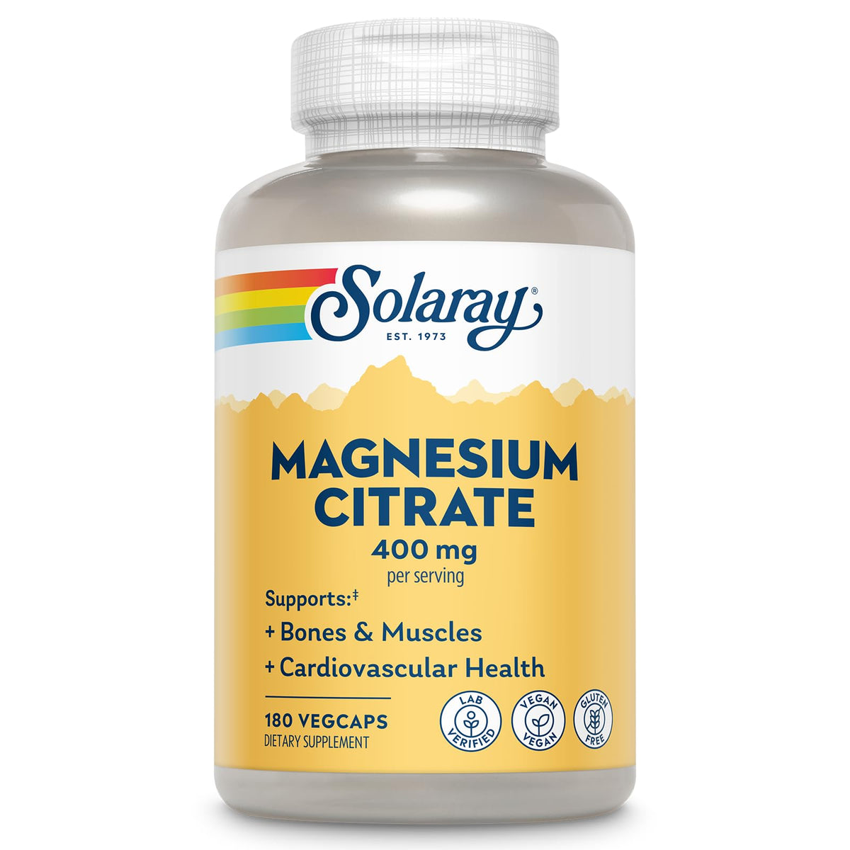 SOLARAY envase frontal de Magnesium Citrate mostrando formato y cantidad