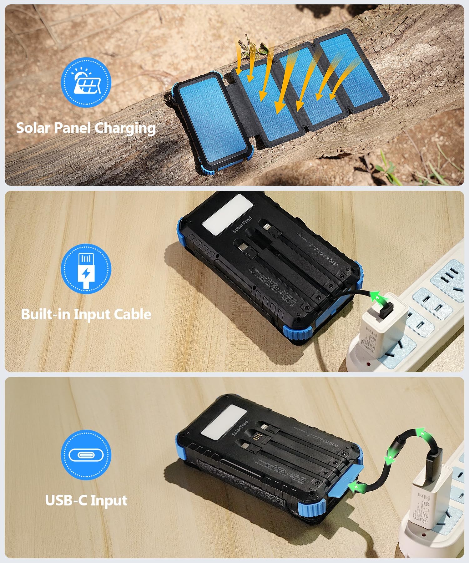 SolarTred junto a una mano y teléfono para mostrar escala y portabilidad