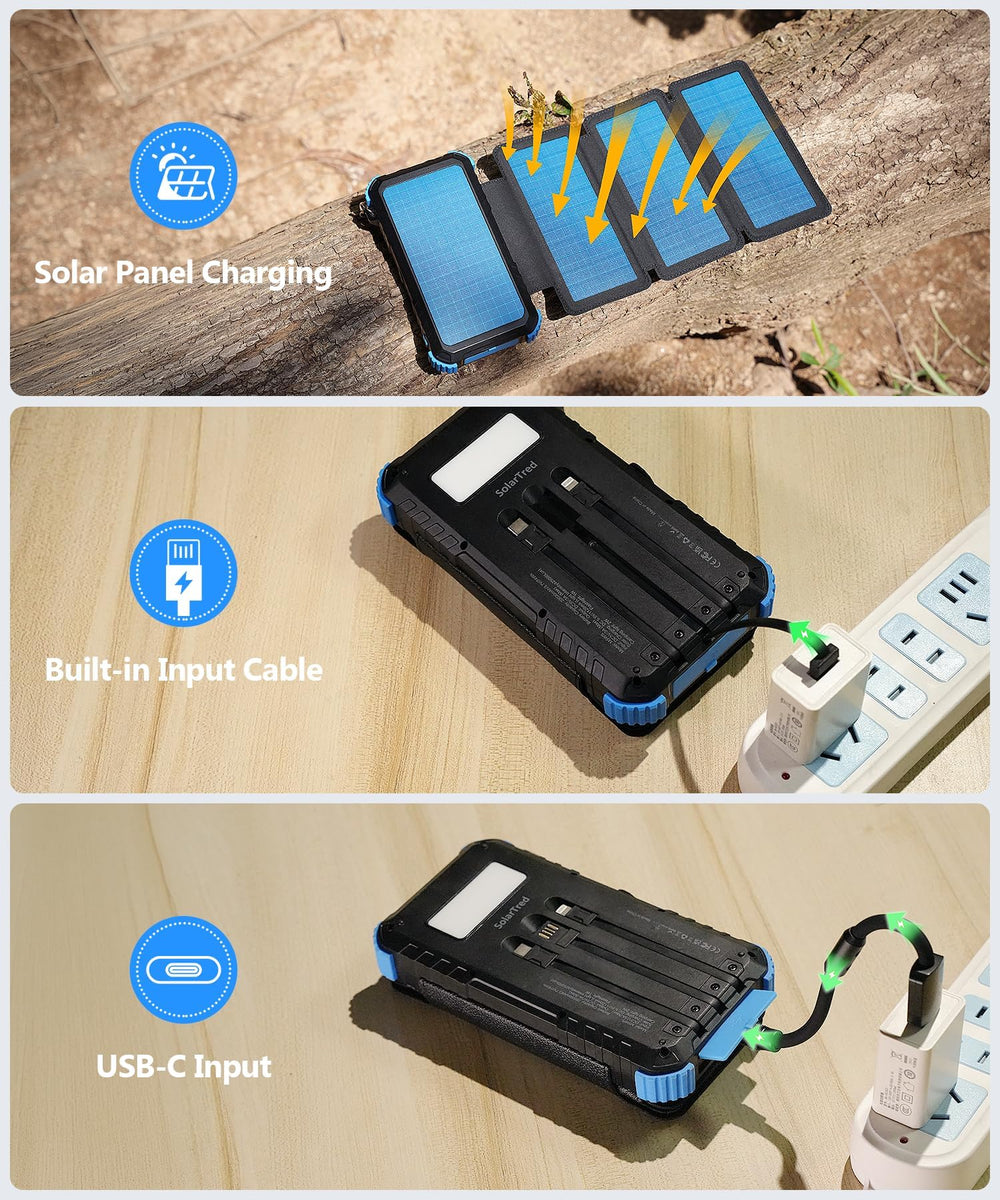 SolarTred junto a una mano y teléfono para mostrar escala y portabilidad