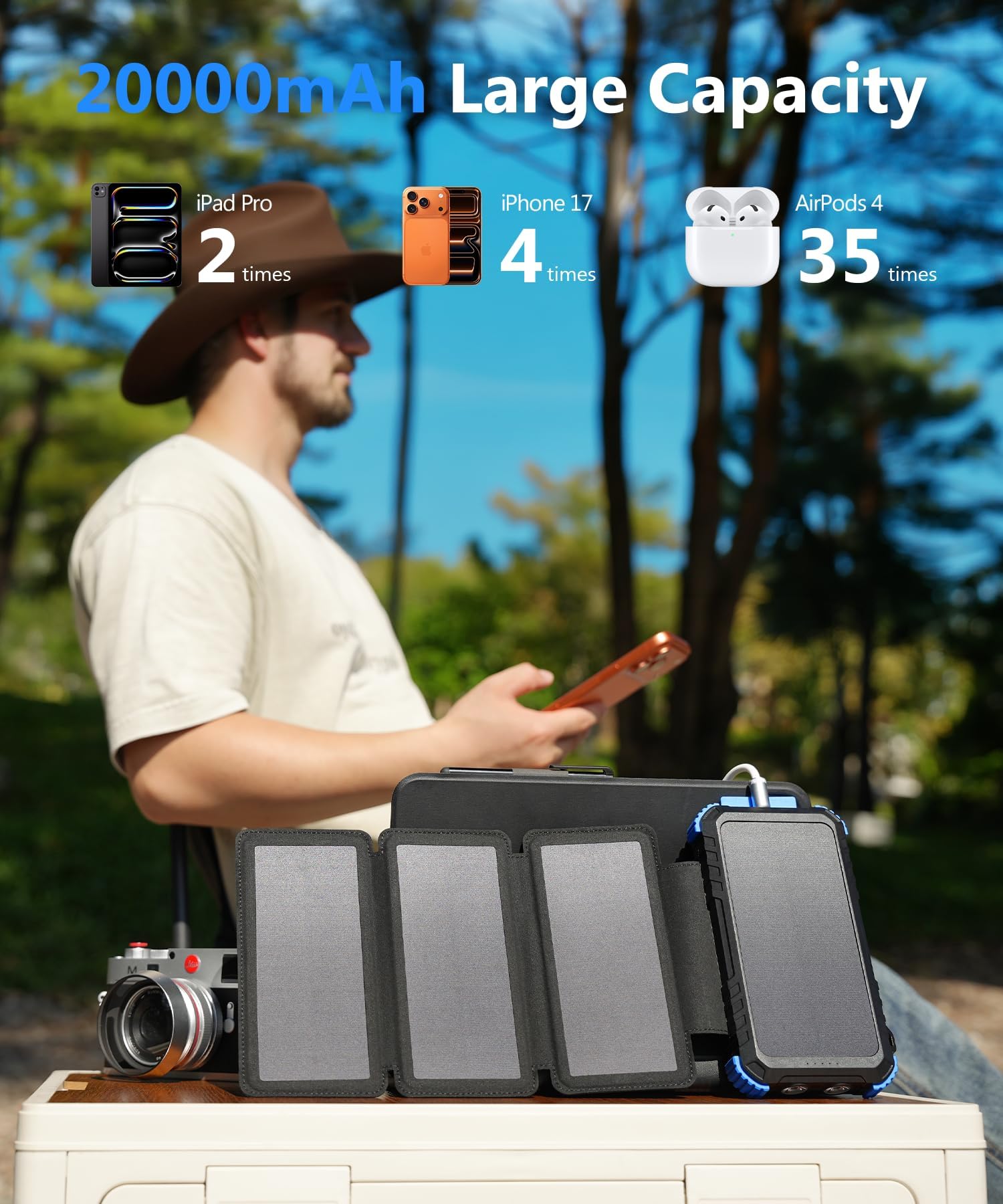 SolarTred paneles solares cuatro placas captando sol, maximiza recarga al aire libre