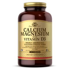 Solgar frasco frontal de Calcium Magnesium con Vitamina D3 mostrando la etiqueta clara