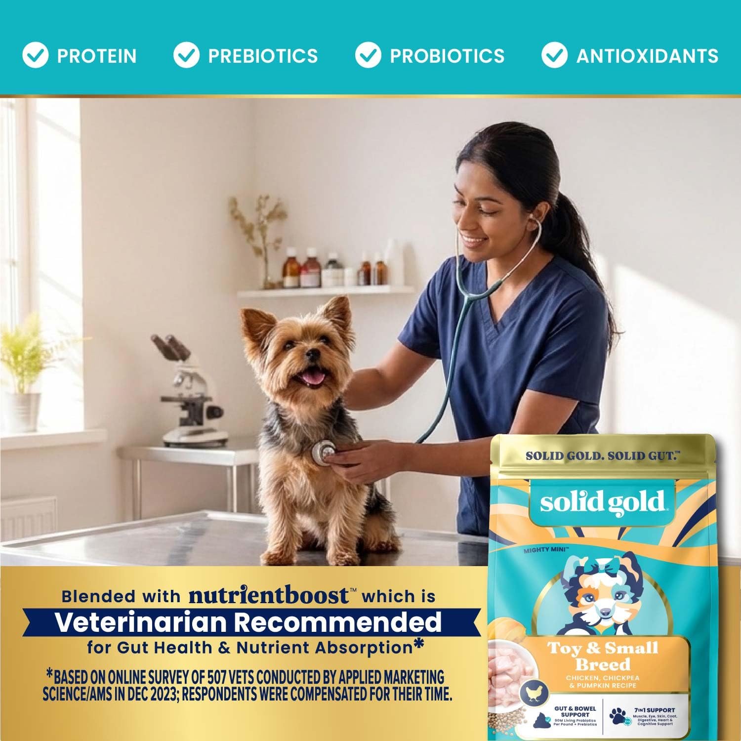 Solid Gold etiqueta NutrientBoost destacada, información de vitaminas y prebióticos