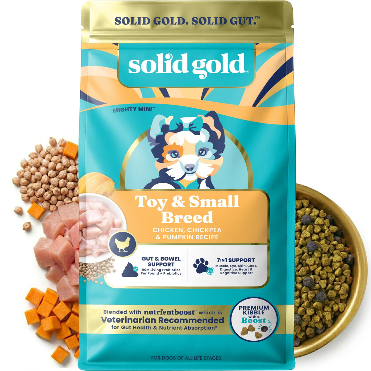 Solid Gold frente del paquete mostrando fórmula para razas pequeñas y beneficios claros