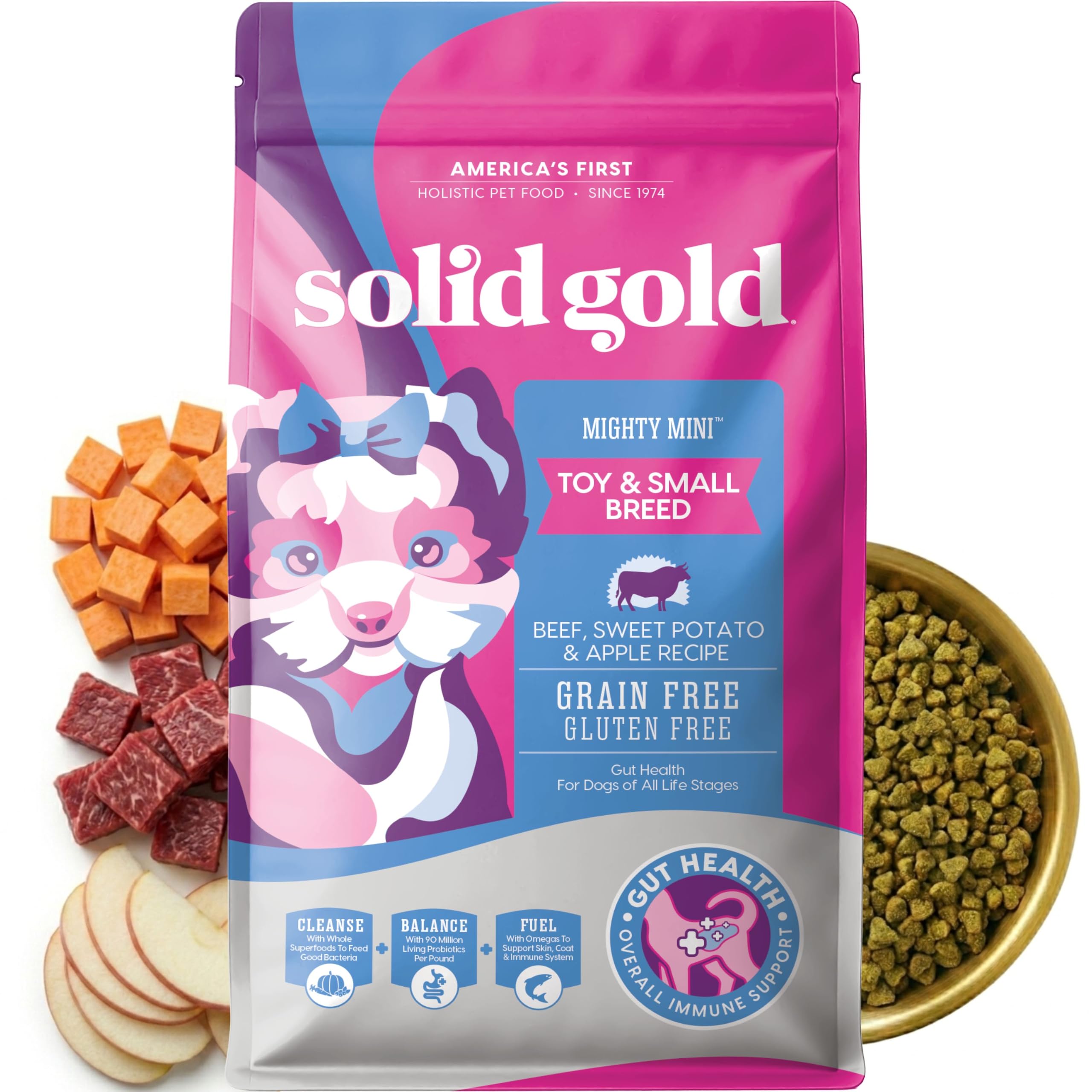 Solid Gold empaque frontal mostrando beneficios y tamaño 4 lb para compras seguras