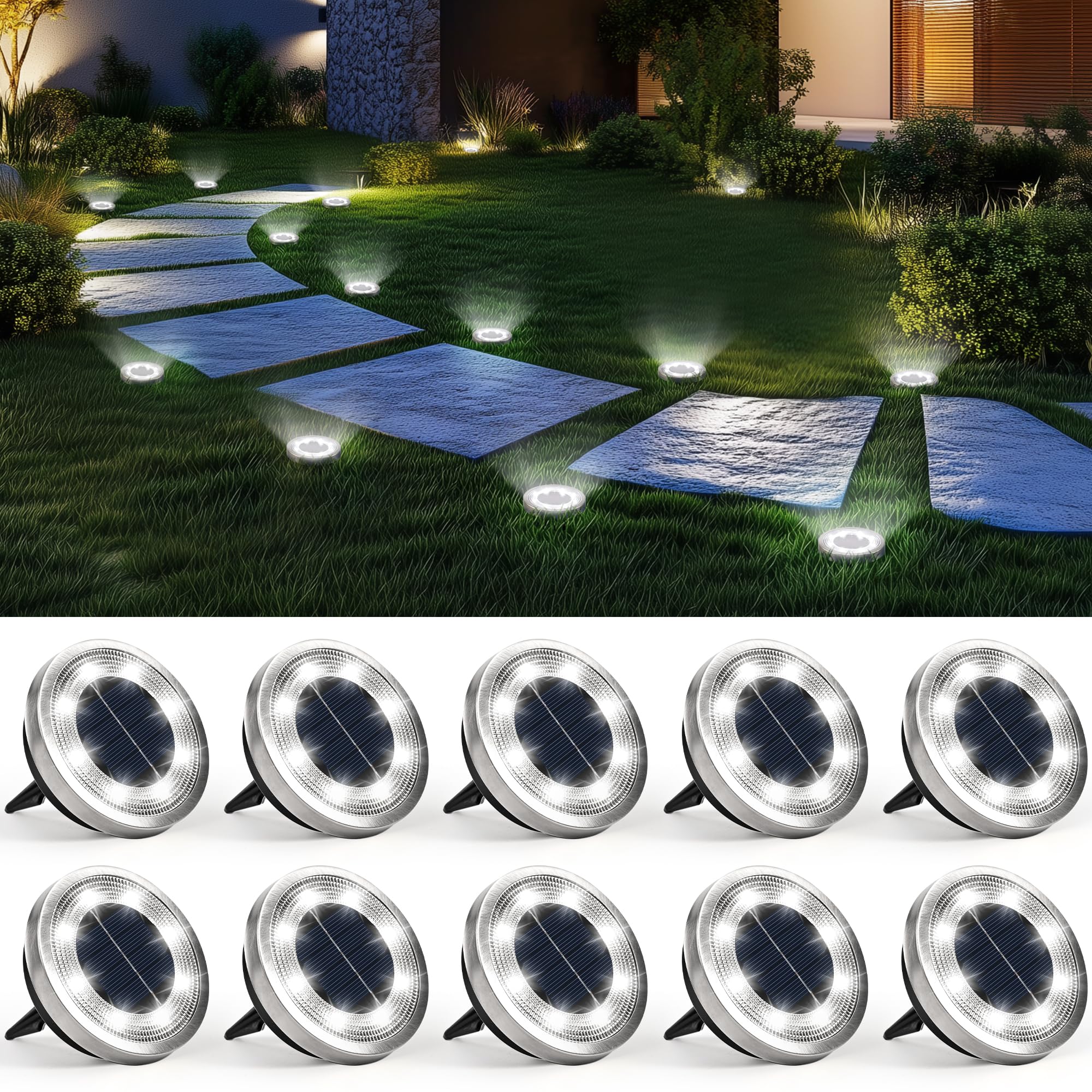 SOLPEX vista frontal del paquete de 10 luces solares para jardín, ilumina caminos