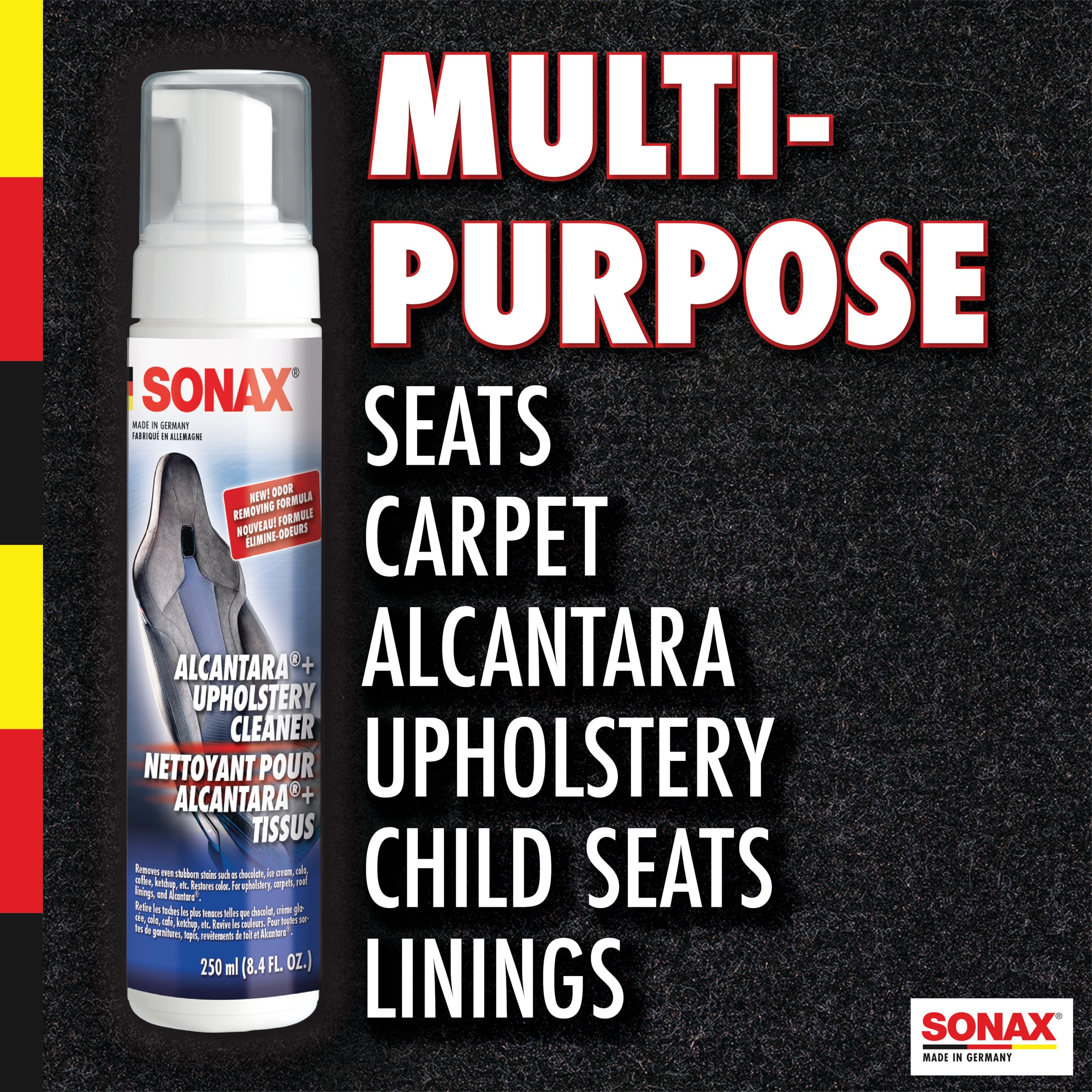 SONAX aplicando espuma en asiento de coche para eliminar manchas y renovar tacto
