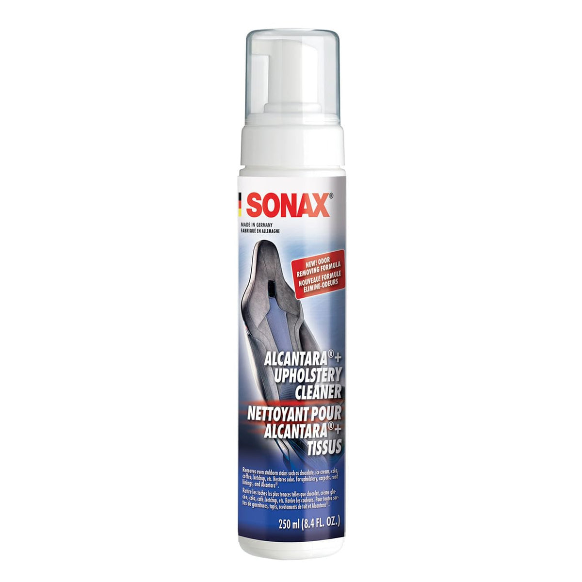 SONAX envase frontal 250 ml limpiador espuma para interiores y Alcantara, práctico y sin propelente