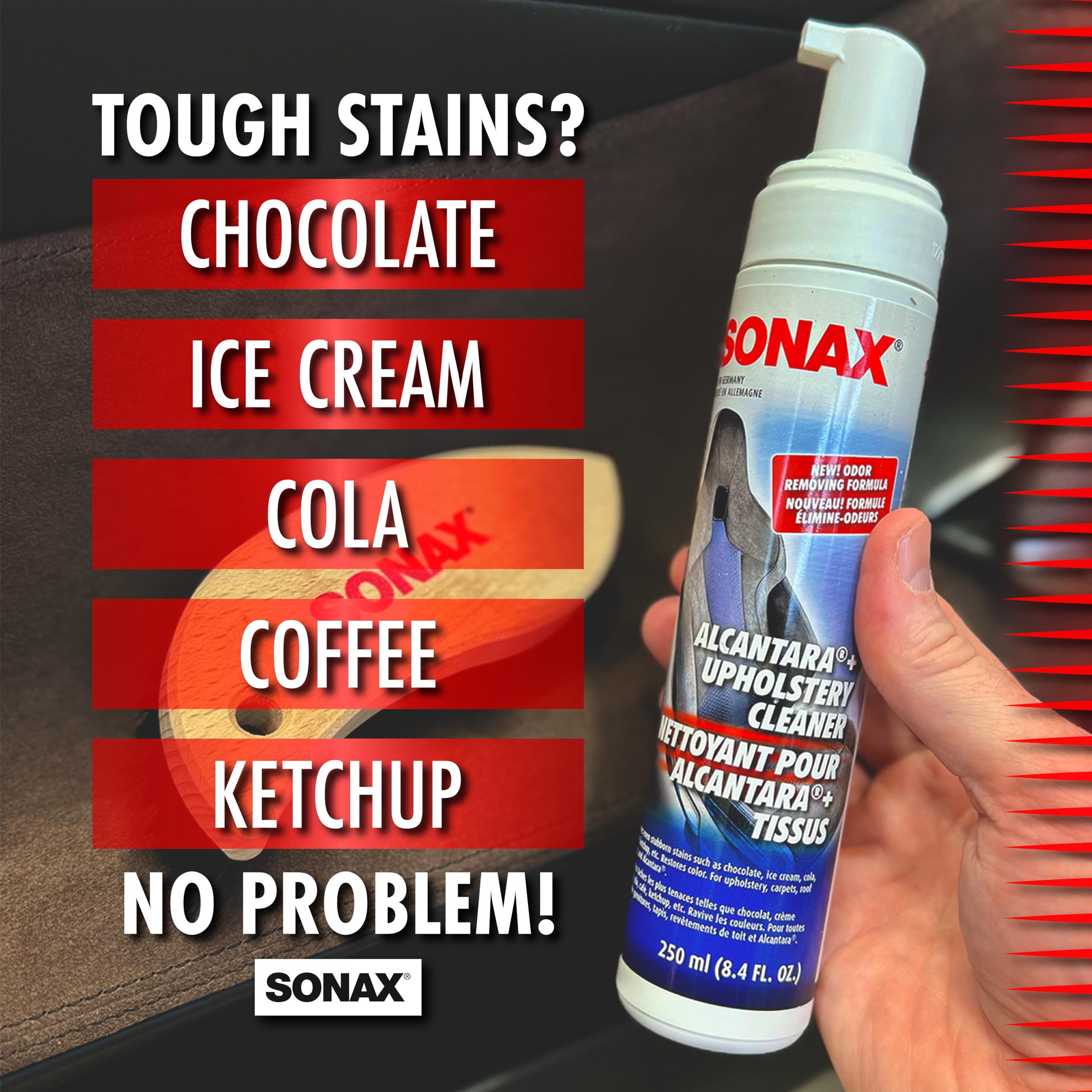 SONAX espuma en detalle mostrando textura activa y fácil aplicación sobre tejidos