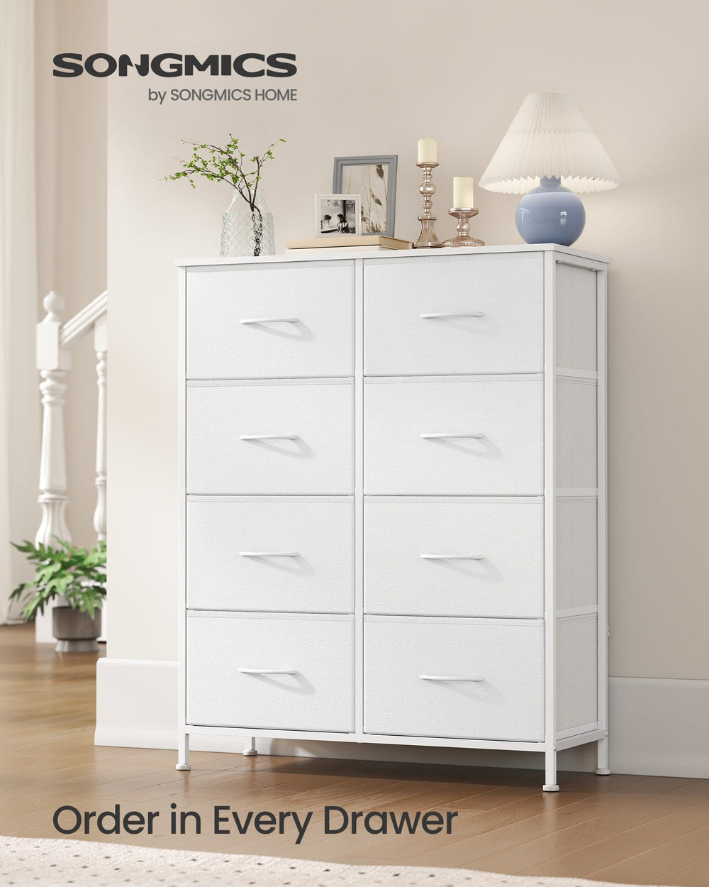 SONGMICS BELLAH top surface styled with lamp and decor demonstrating storage capacity