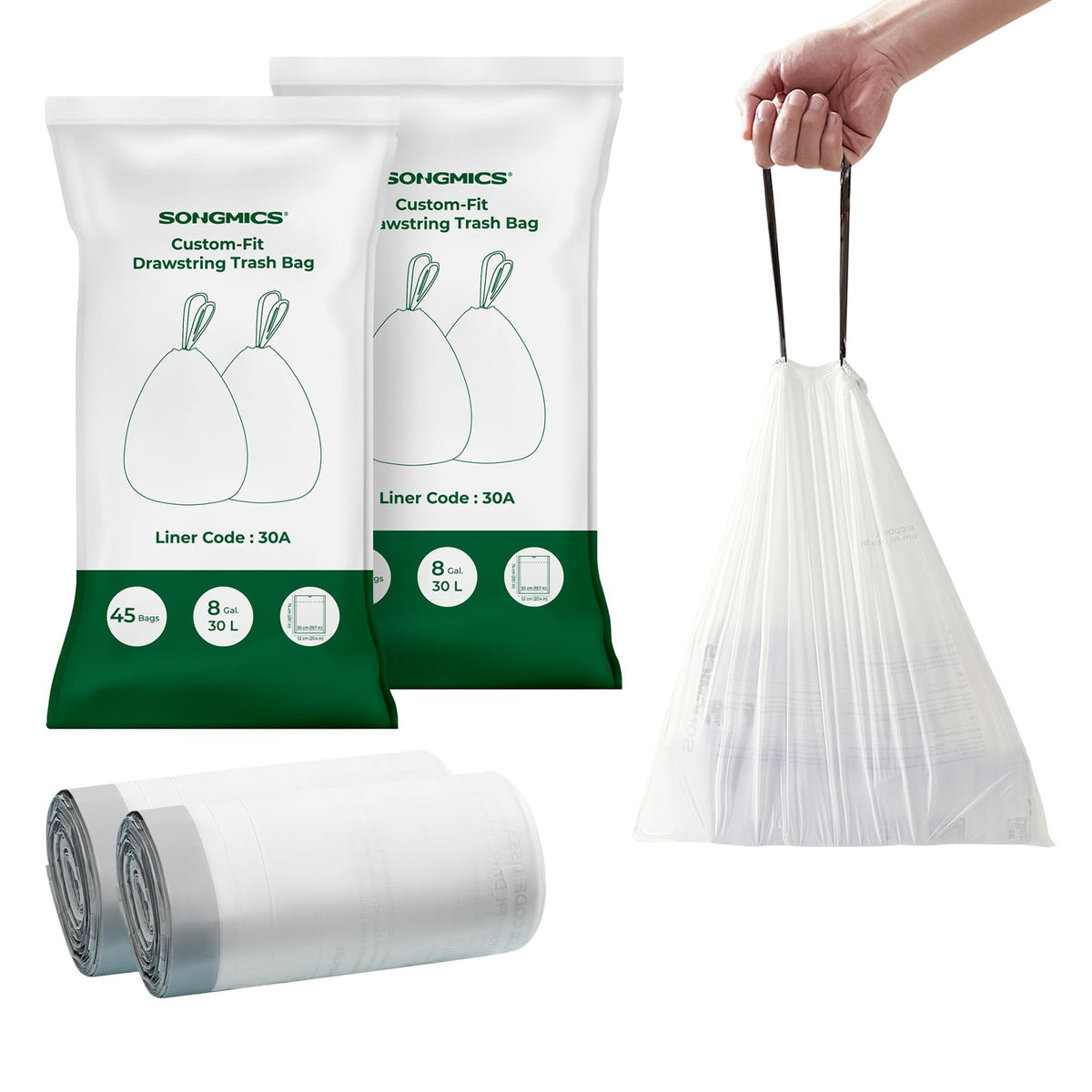 SONGMICS empaque frontal mostrando 2 rollos y 90 bolsas, práctico para almacenamiento