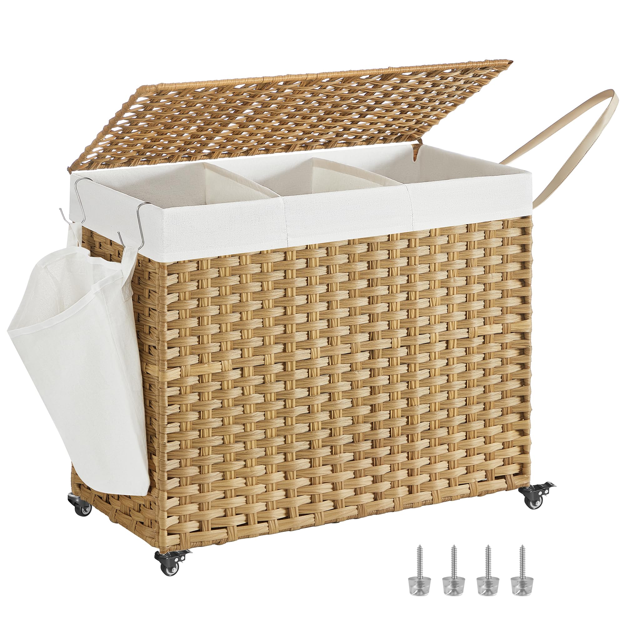 SONGMICS front view of the natural rattan laundry hamper showing capacity and lid benefit