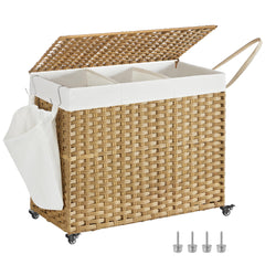 SONGMICS front view of the natural rattan laundry hamper showing capacity and lid benefit