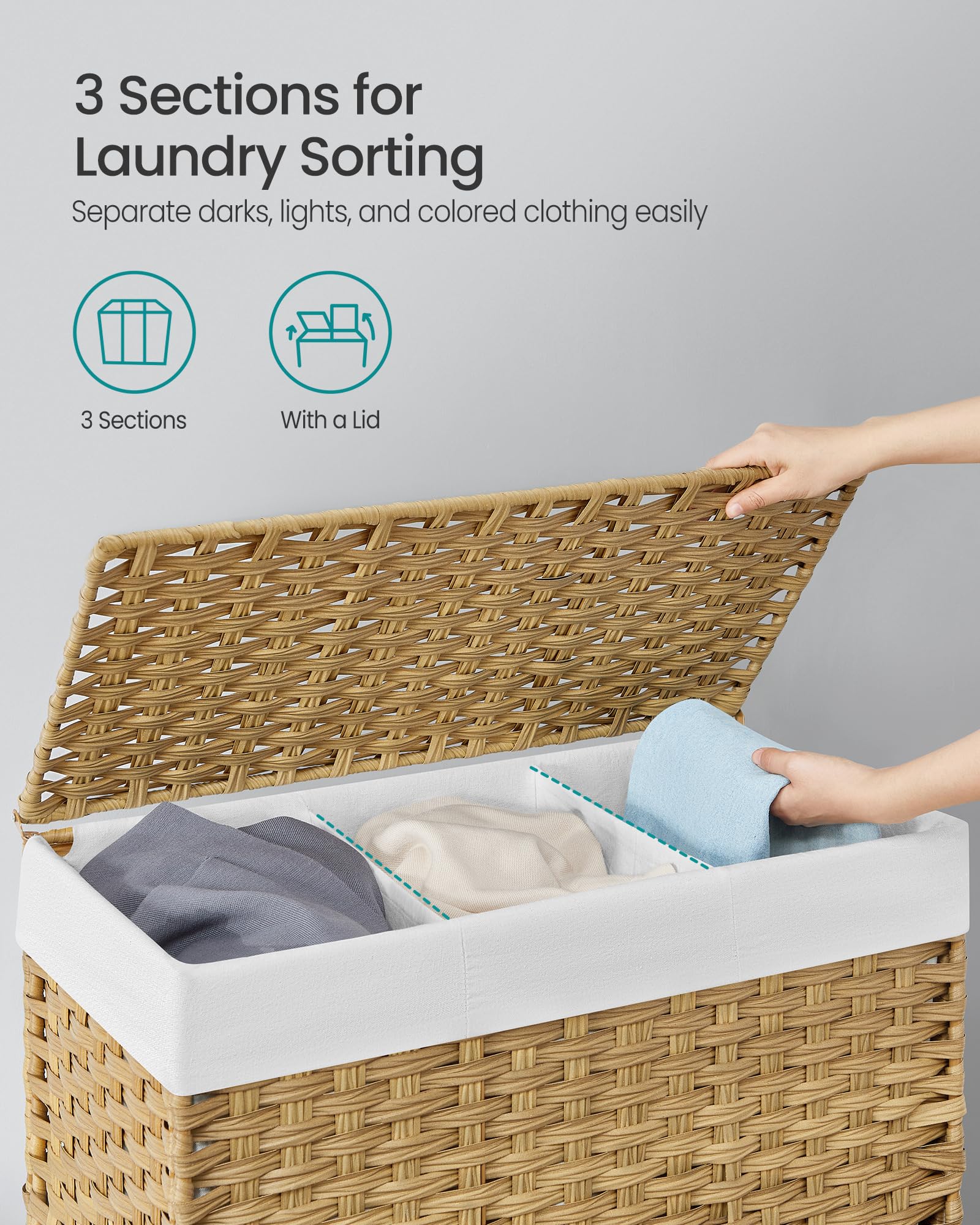 SONGMICS top view showing three sorting compartments for faster laundry separation